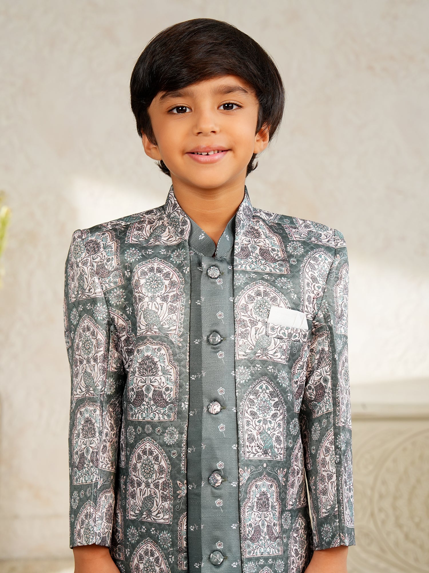 Blue Jacquard Full Sleeves Rich Floral Embroidery Sherwani