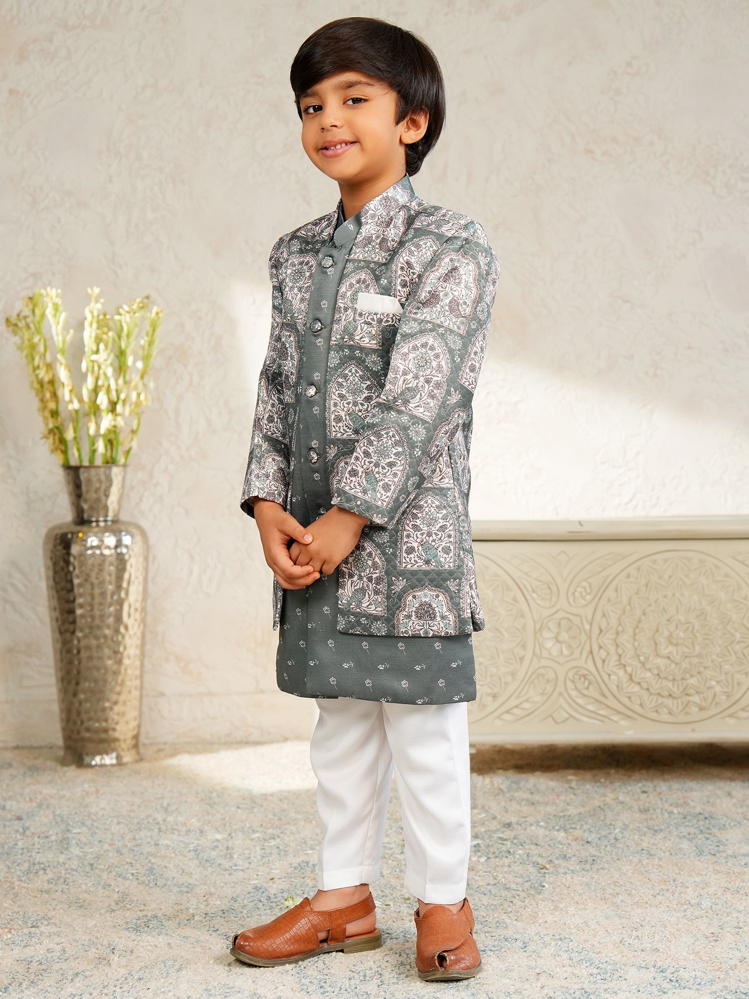 Blue Jacquard Full Sleeves Rich Floral Embroidery Sherwani