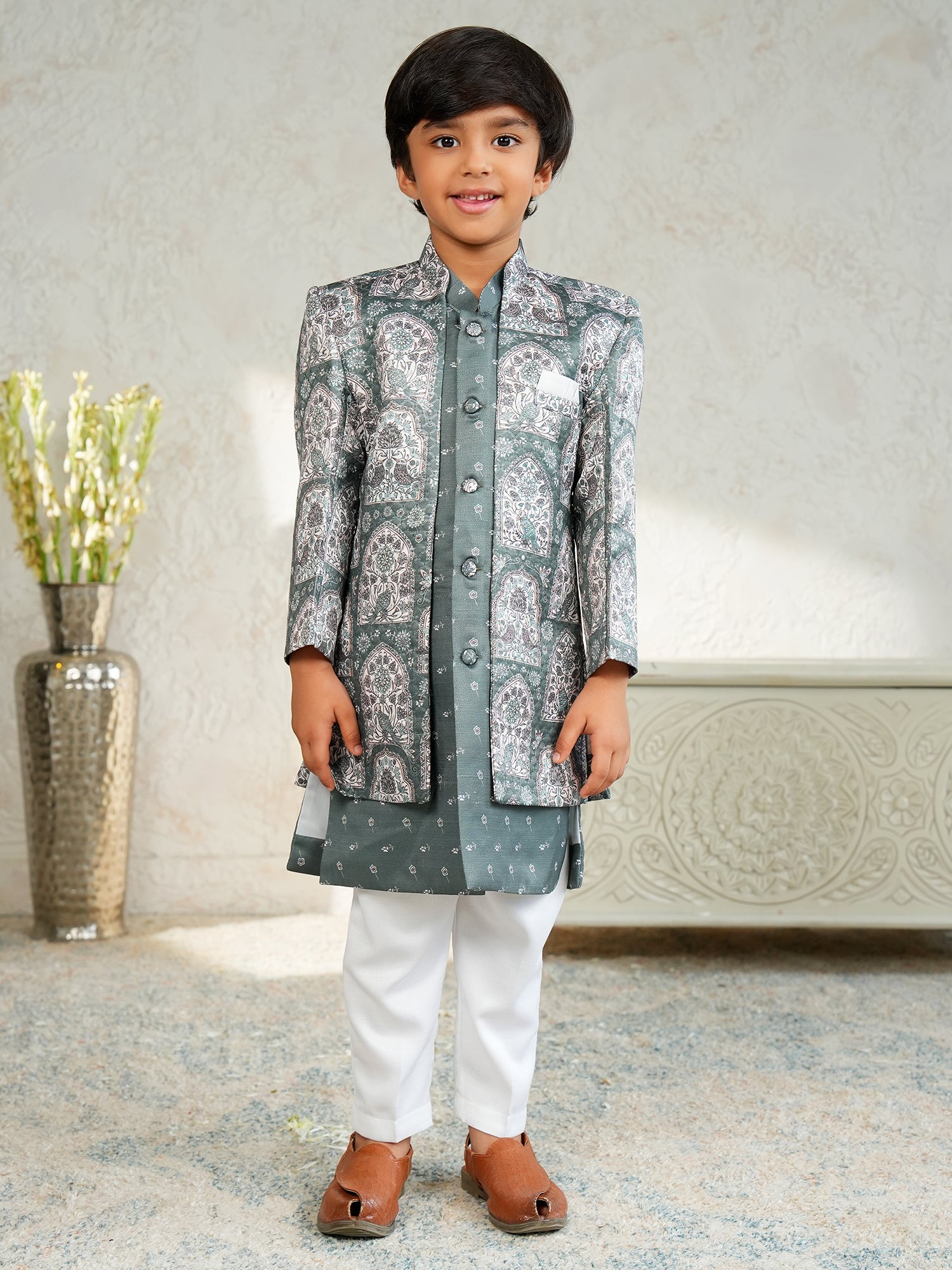 Blue Jacquard Full Sleeves Rich Floral Embroidery Sherwani