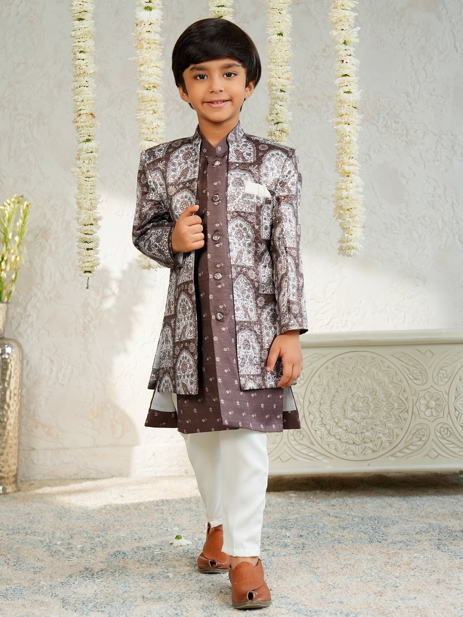 Brown Jacquard Full Sleeves Rich Floral Embroidery Sherwani