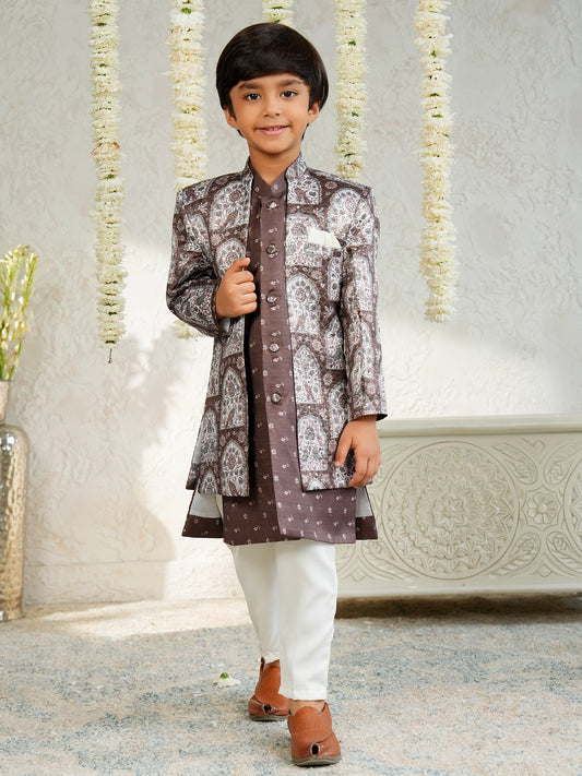 AJ Dezines Brown Jacquard Full Sleeves Rich Floral Embroidery Sherwani