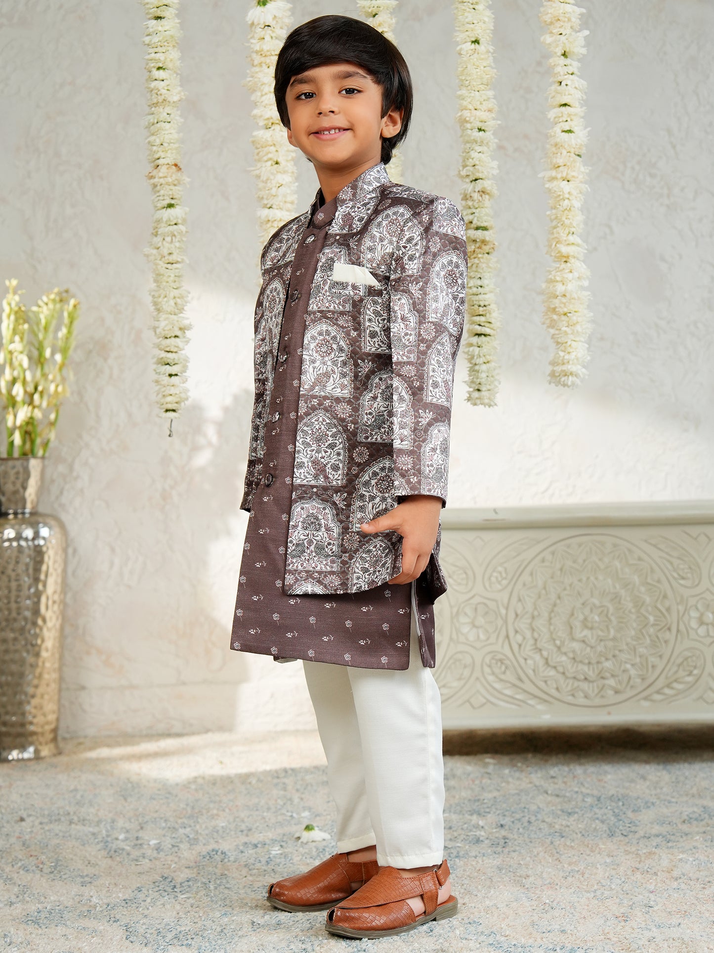 AJ Dezines Brown Jacquard Full Sleeves Rich Floral Embroidery Sherwani