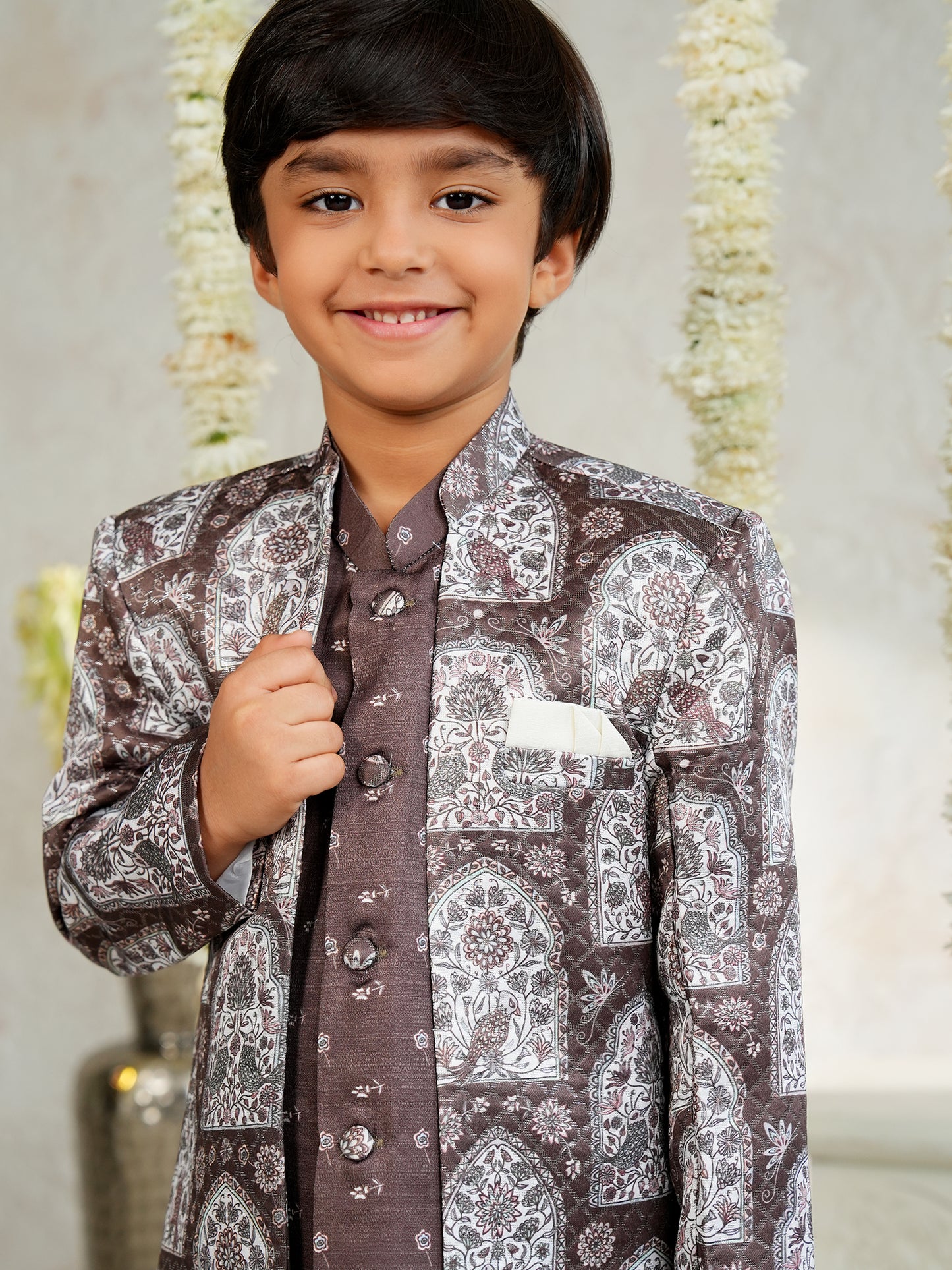 AJ Dezines Brown Jacquard Full Sleeves Rich Floral Embroidery Sherwani