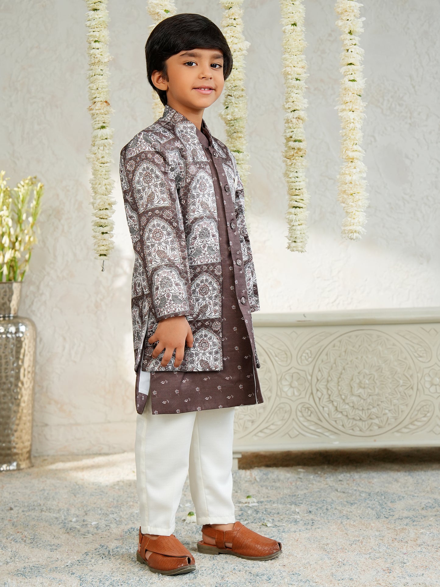 AJ Dezines Brown Jacquard Full Sleeves Rich Floral Embroidery Sherwani