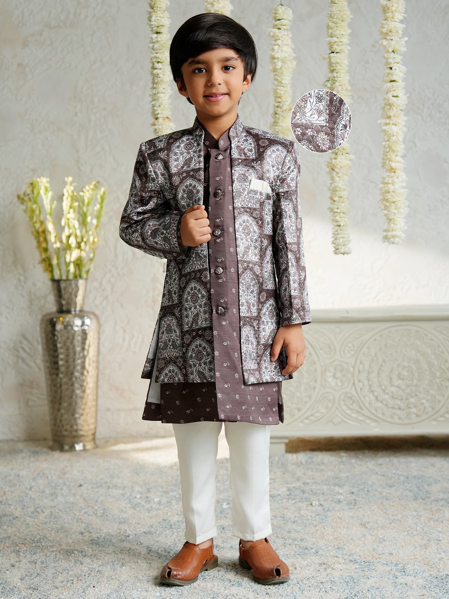 Brown Jacquard Full Sleeves Rich Floral Embroidery Sherwani