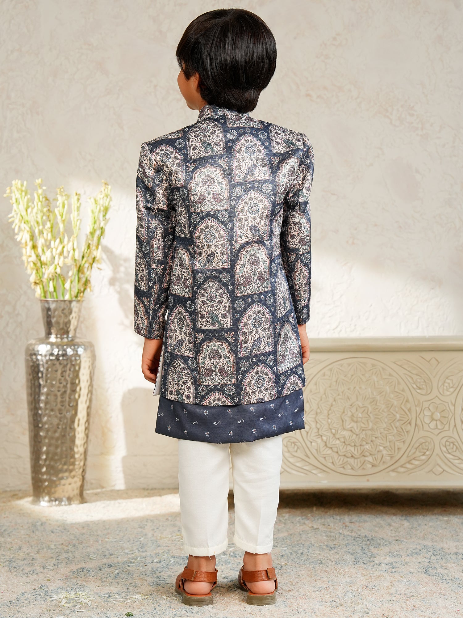 Grey Jacquard Full Sleeves Rich Floral Embroidery Sherwani
