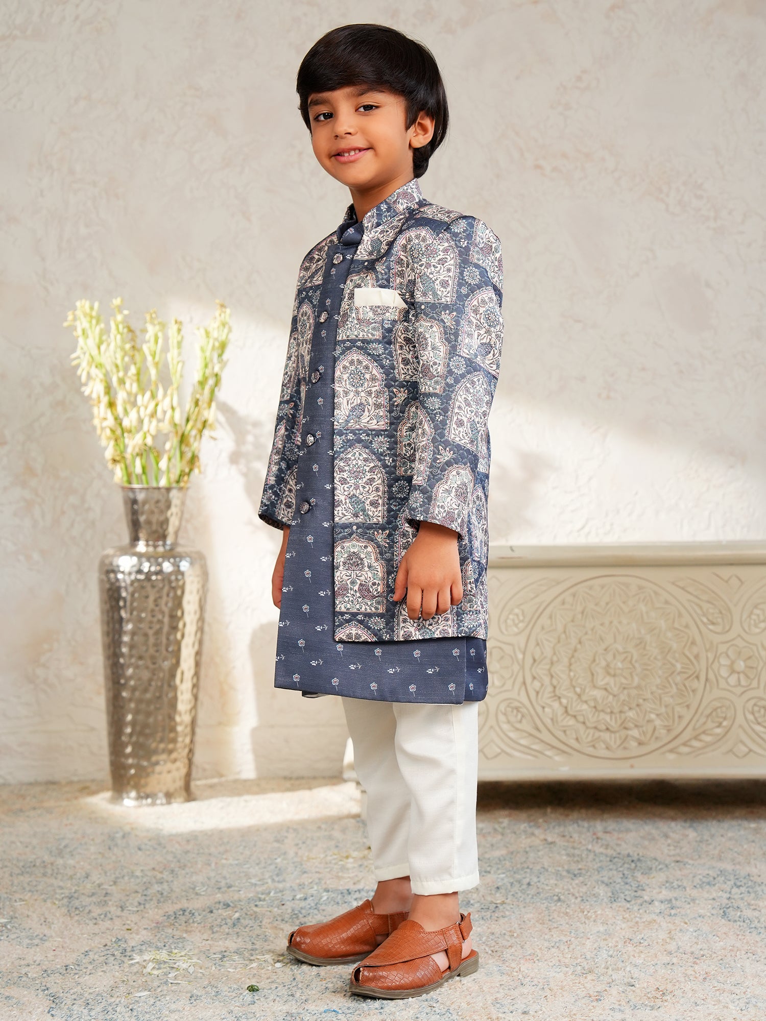 Grey Jacquard Full Sleeves Rich Floral Embroidery Sherwani