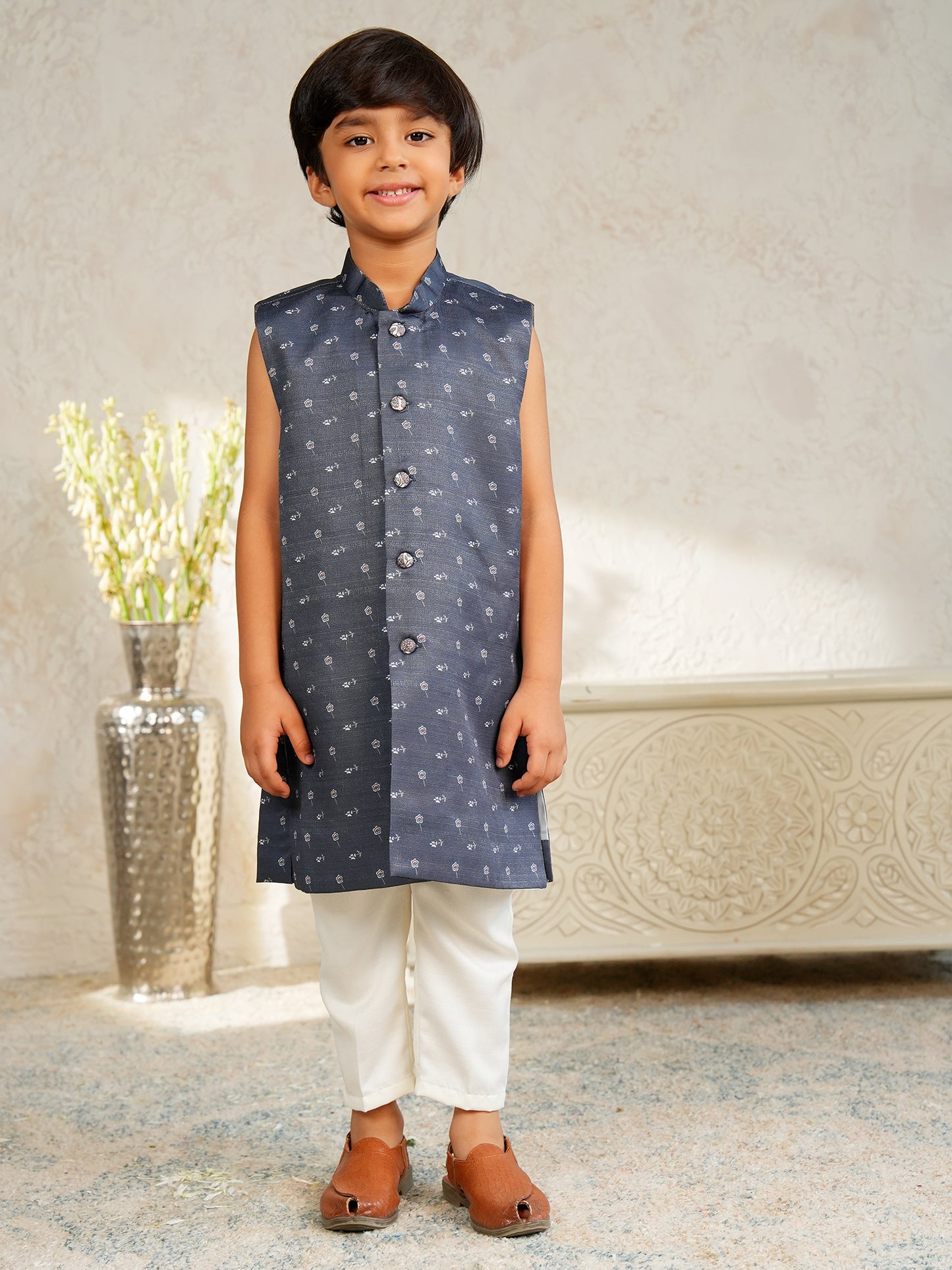 AJ Dezines Grey Jacquard Full Sleeves Rich Floral Embroidery Sherwani