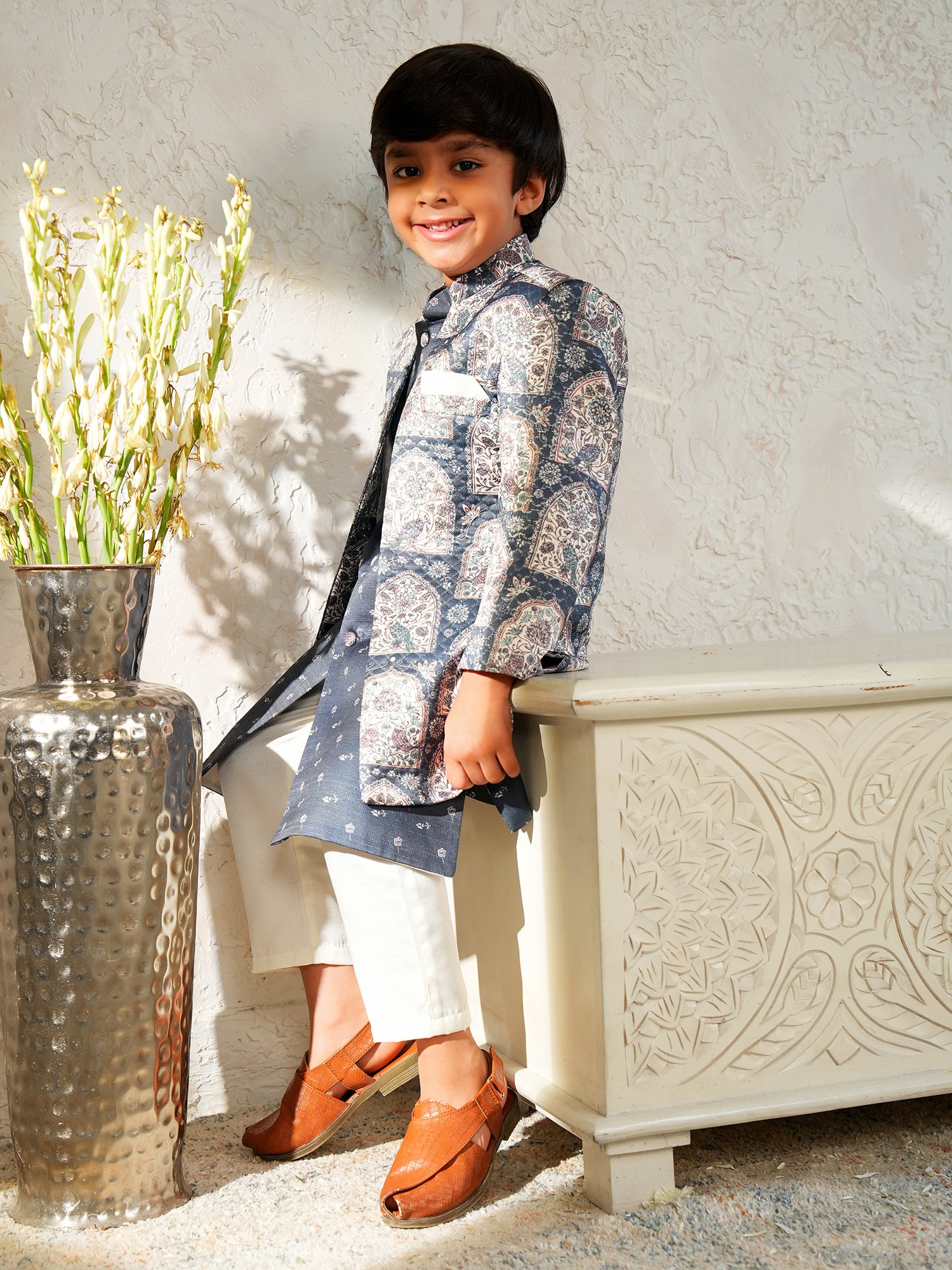 Grey Jacquard Full Sleeves Rich Floral Embroidery Sherwani