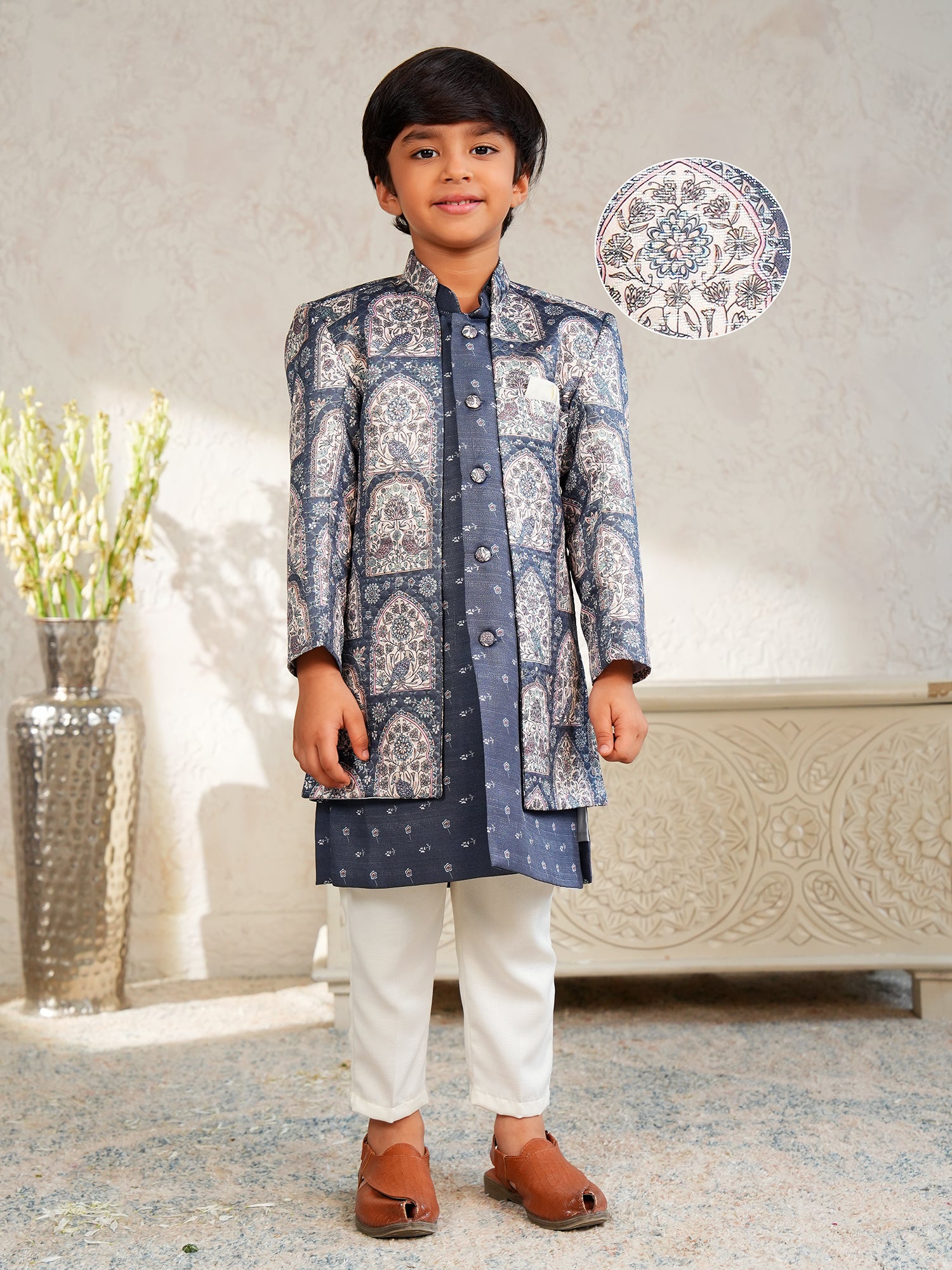 Grey Jacquard Full Sleeves Rich Floral Embroidery Sherwani