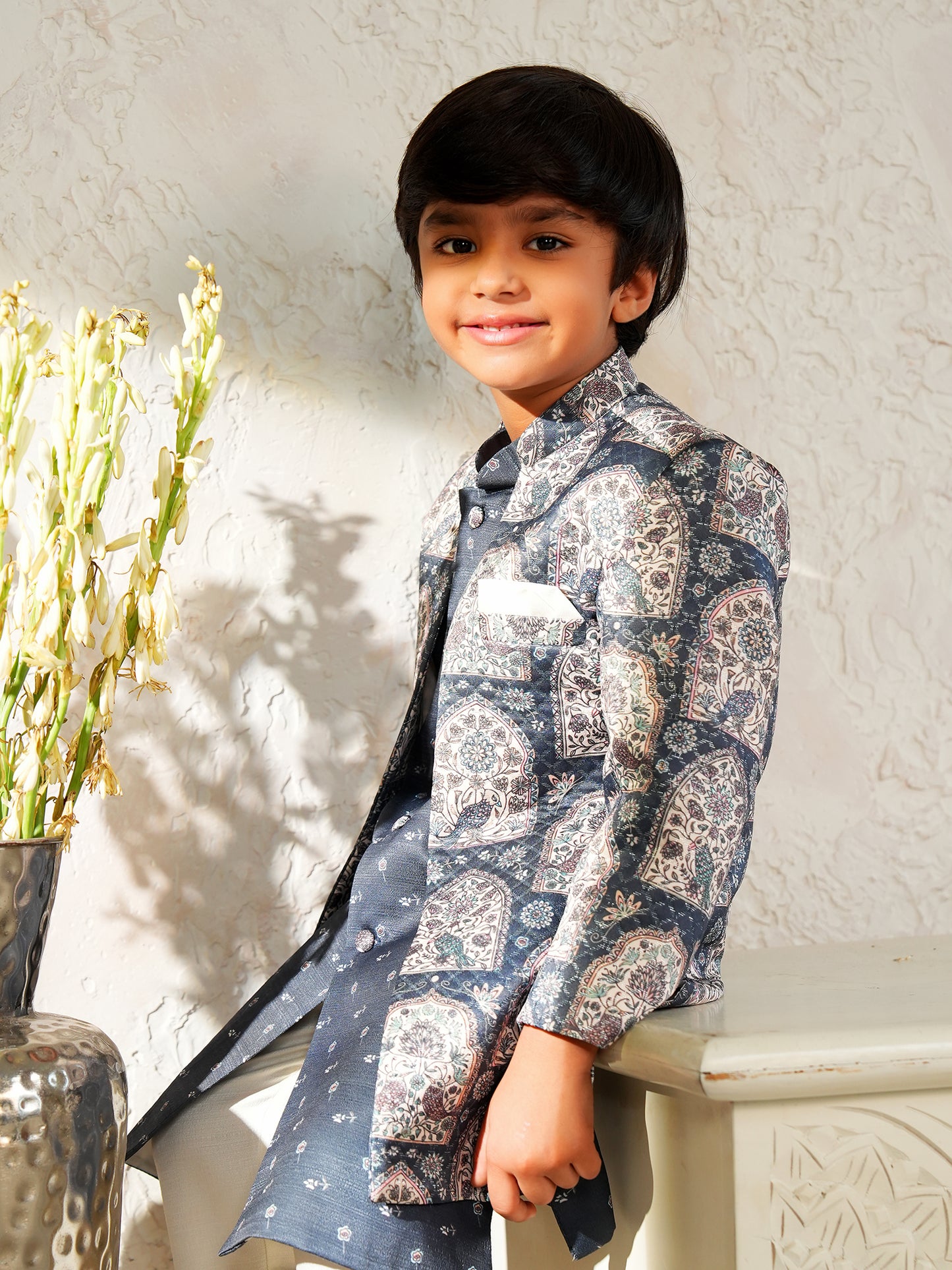 AJ Dezines Grey Jacquard Full Sleeves Rich Floral Embroidery Sherwani