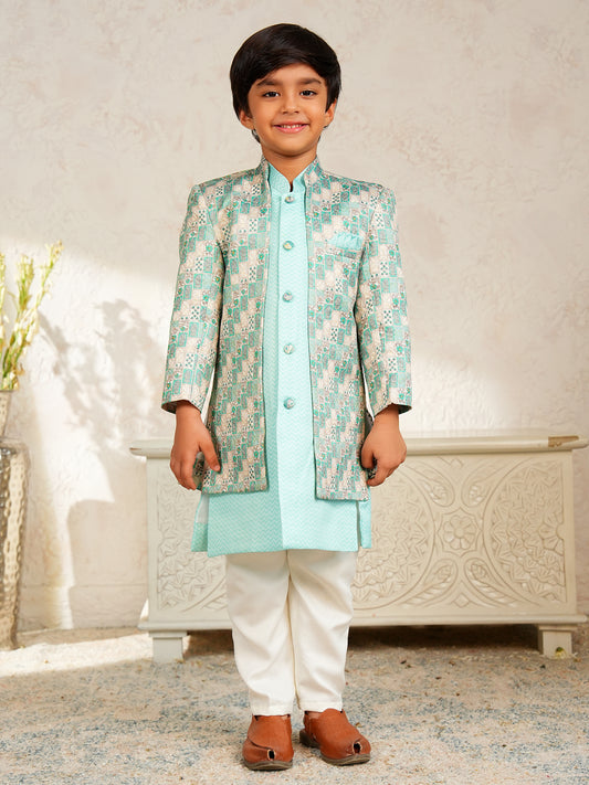 AJ Dezines Green Jacquard Full Sleeves Rich Floral Embroidery Sherwani