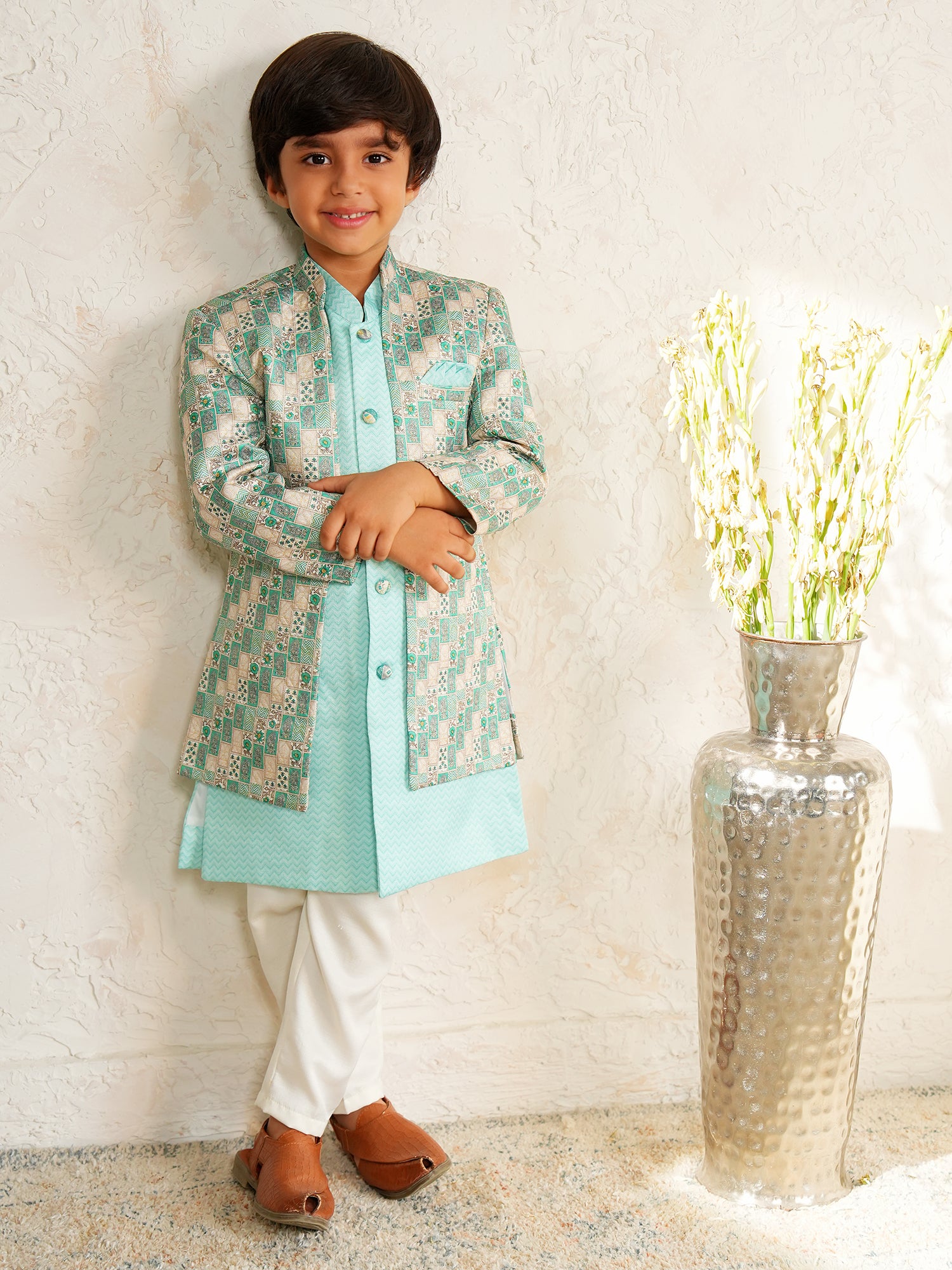 Green Jacquard Full Sleeves Rich Floral Embroidery Sherwani