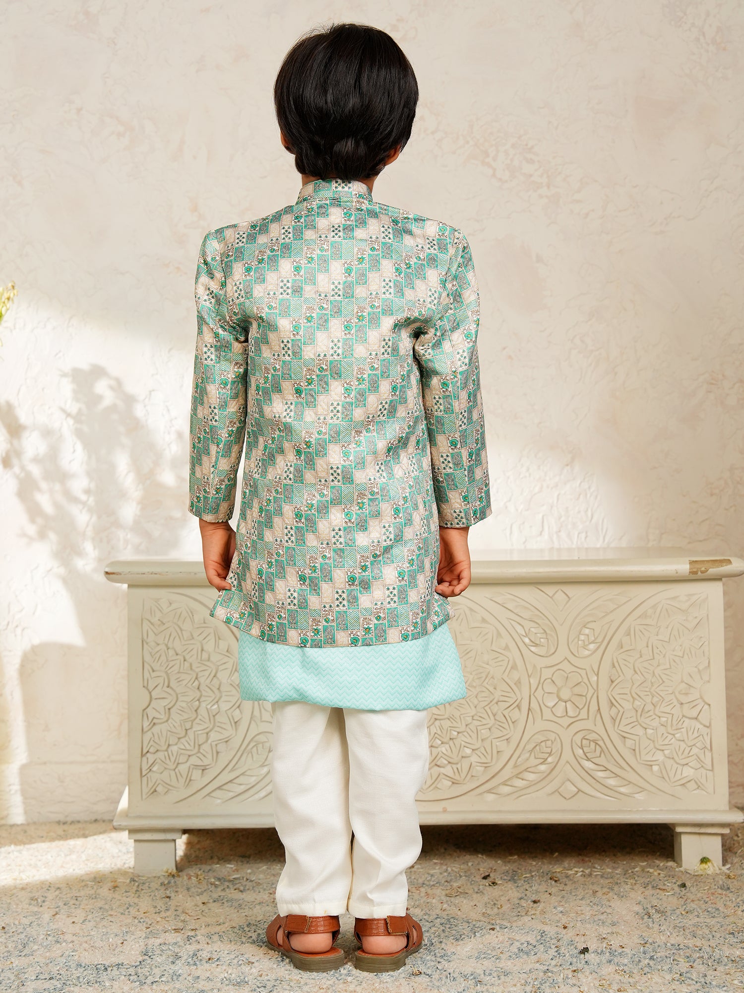 Green Jacquard Full Sleeves Rich Floral Embroidery Sherwani