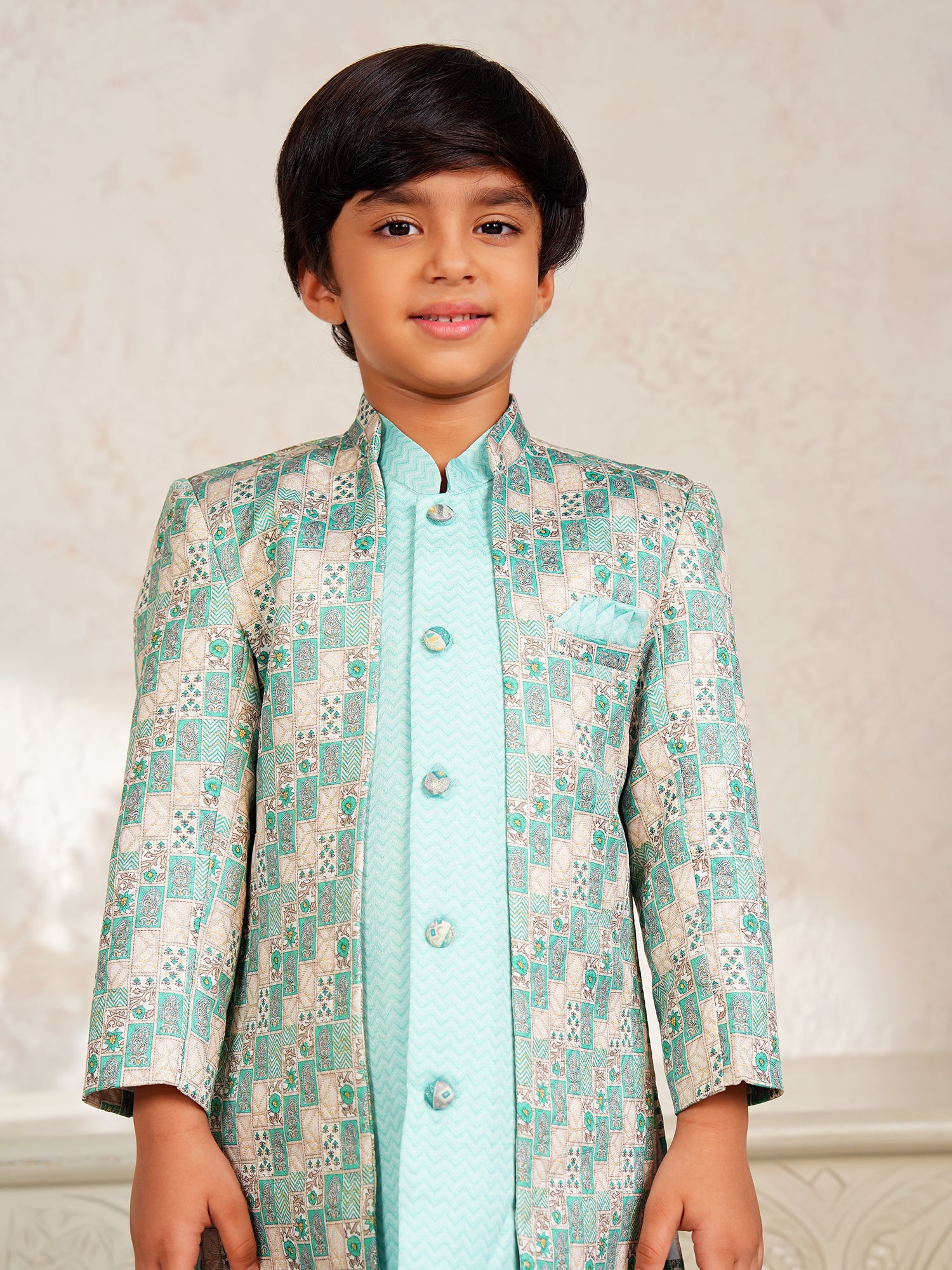 Green Jacquard Full Sleeves Rich Floral Embroidery Sherwani