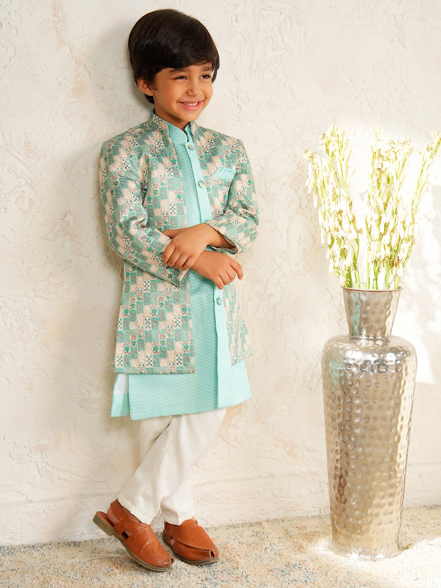 Green Jacquard Full Sleeves Rich Floral Embroidery Sherwani