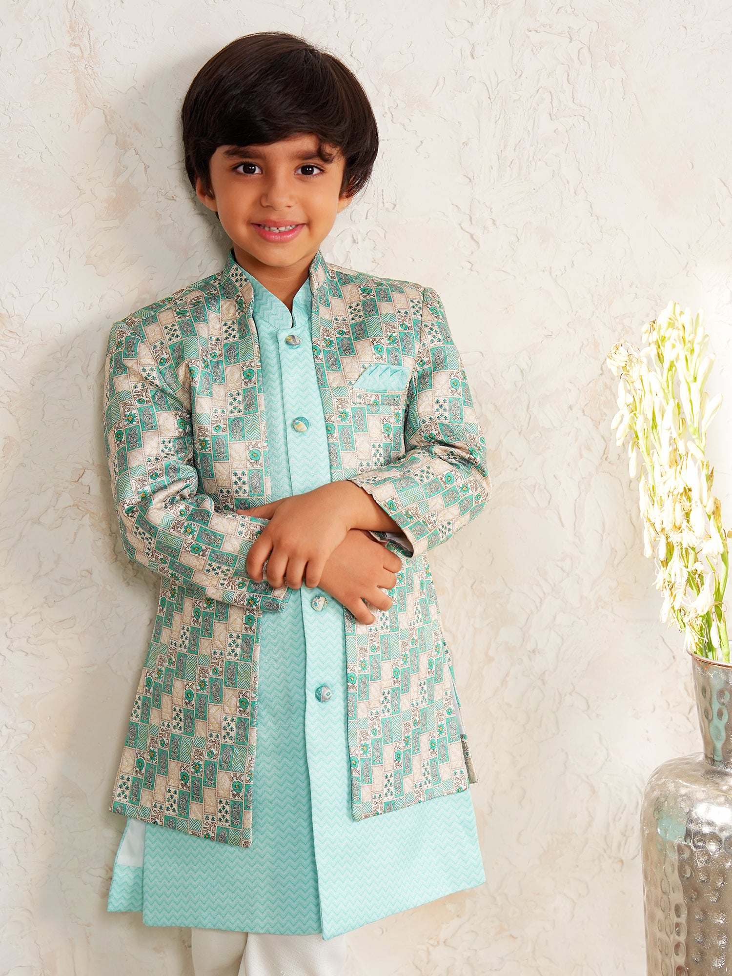 Green Jacquard Full Sleeves Rich Floral Embroidery Sherwani