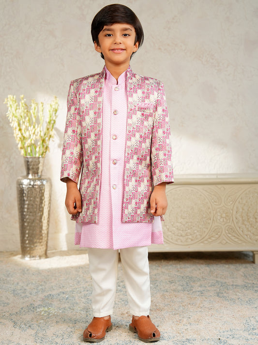 AJ Dezines Pink Jacquard Full Sleeves Rich Floral Embroidery Sherwani