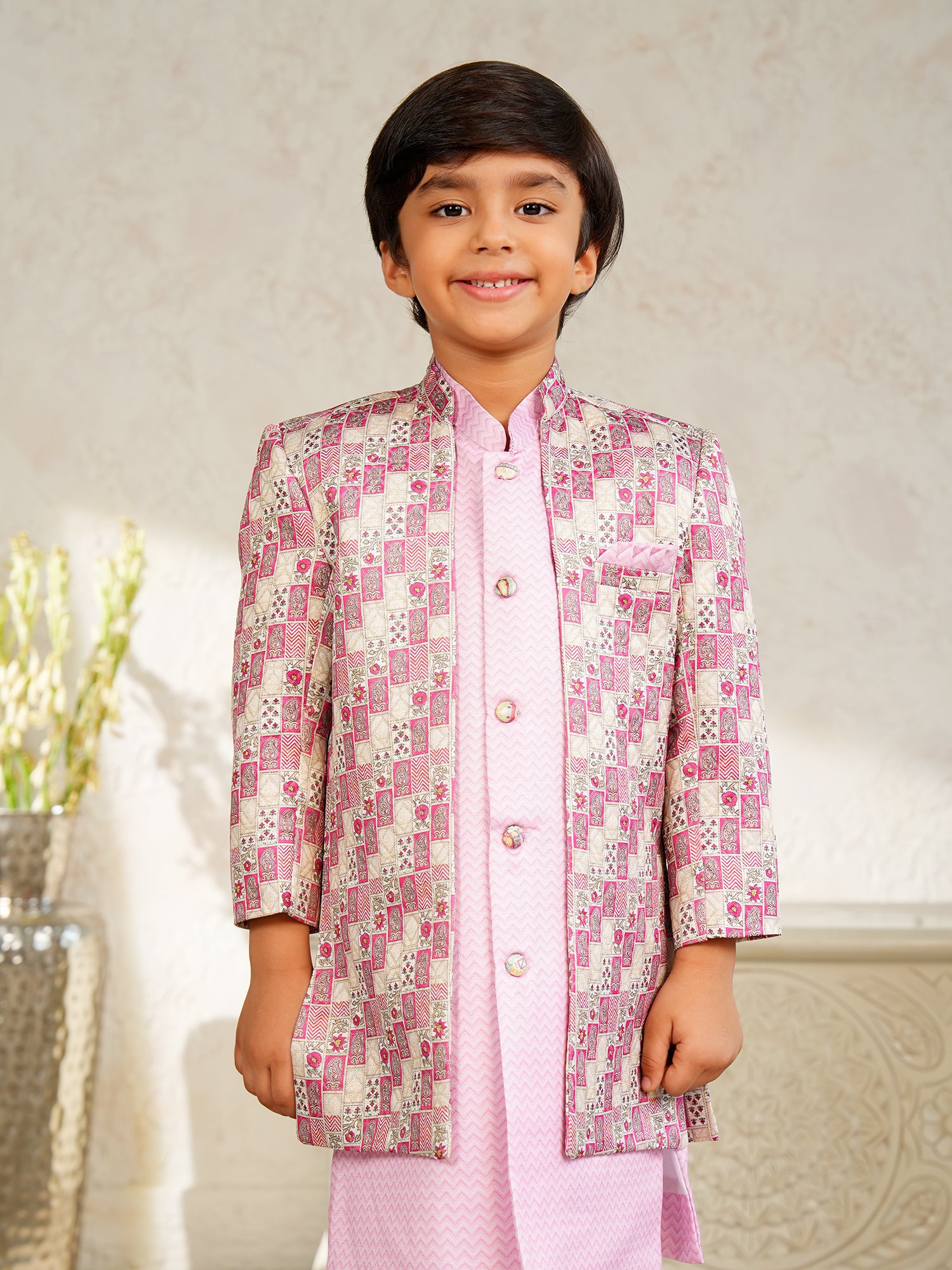 Pink Jacquard Full Sleeves Rich Floral Embroidery Sherwani