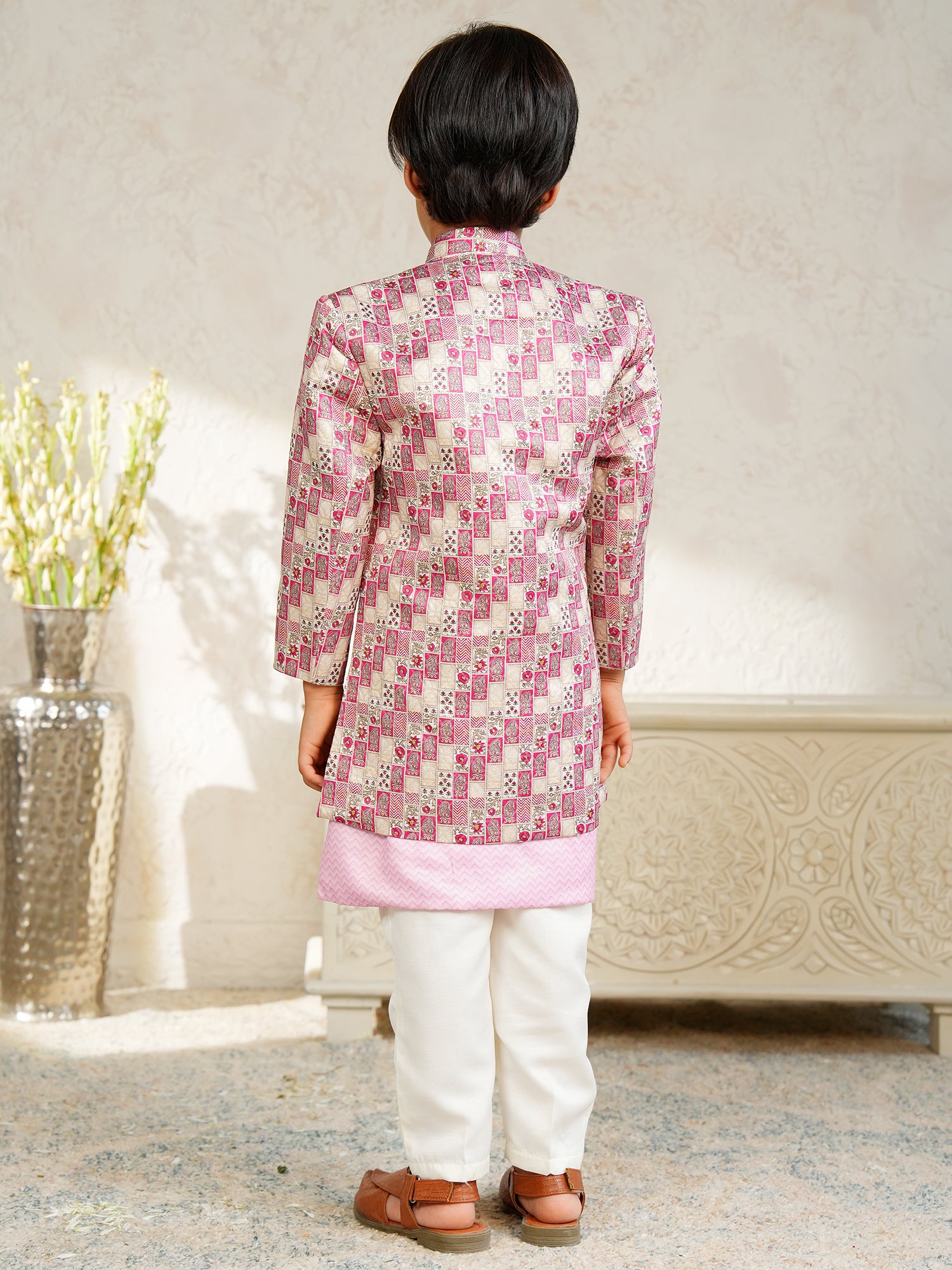 Pink Jacquard Full Sleeves Rich Floral Embroidery Sherwani