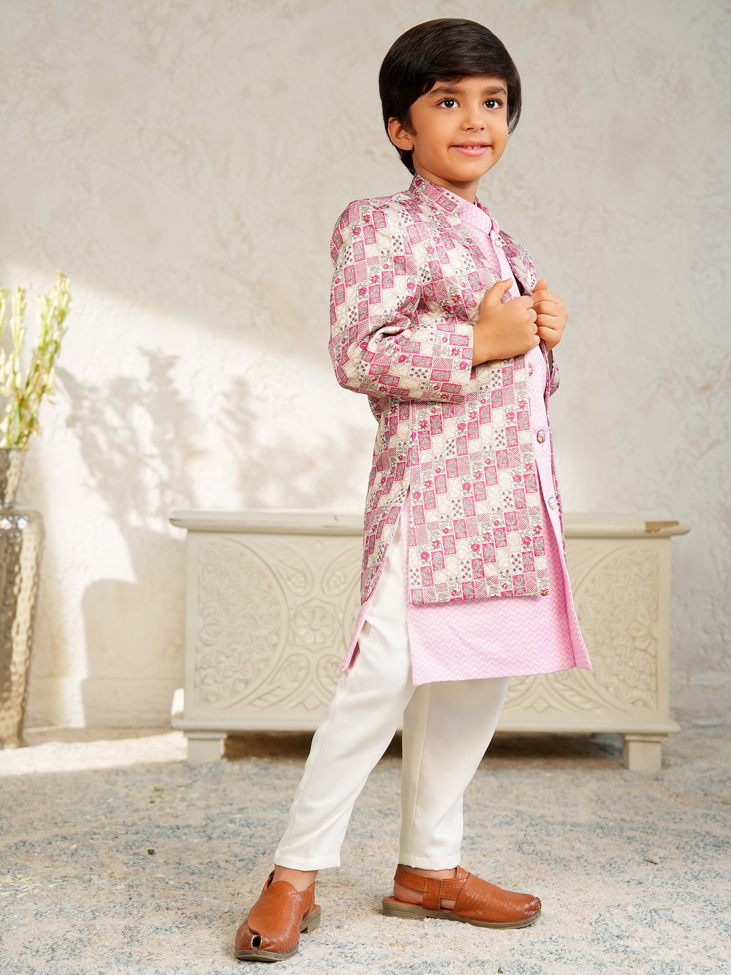 Pink Jacquard Full Sleeves Rich Floral Embroidery Sherwani