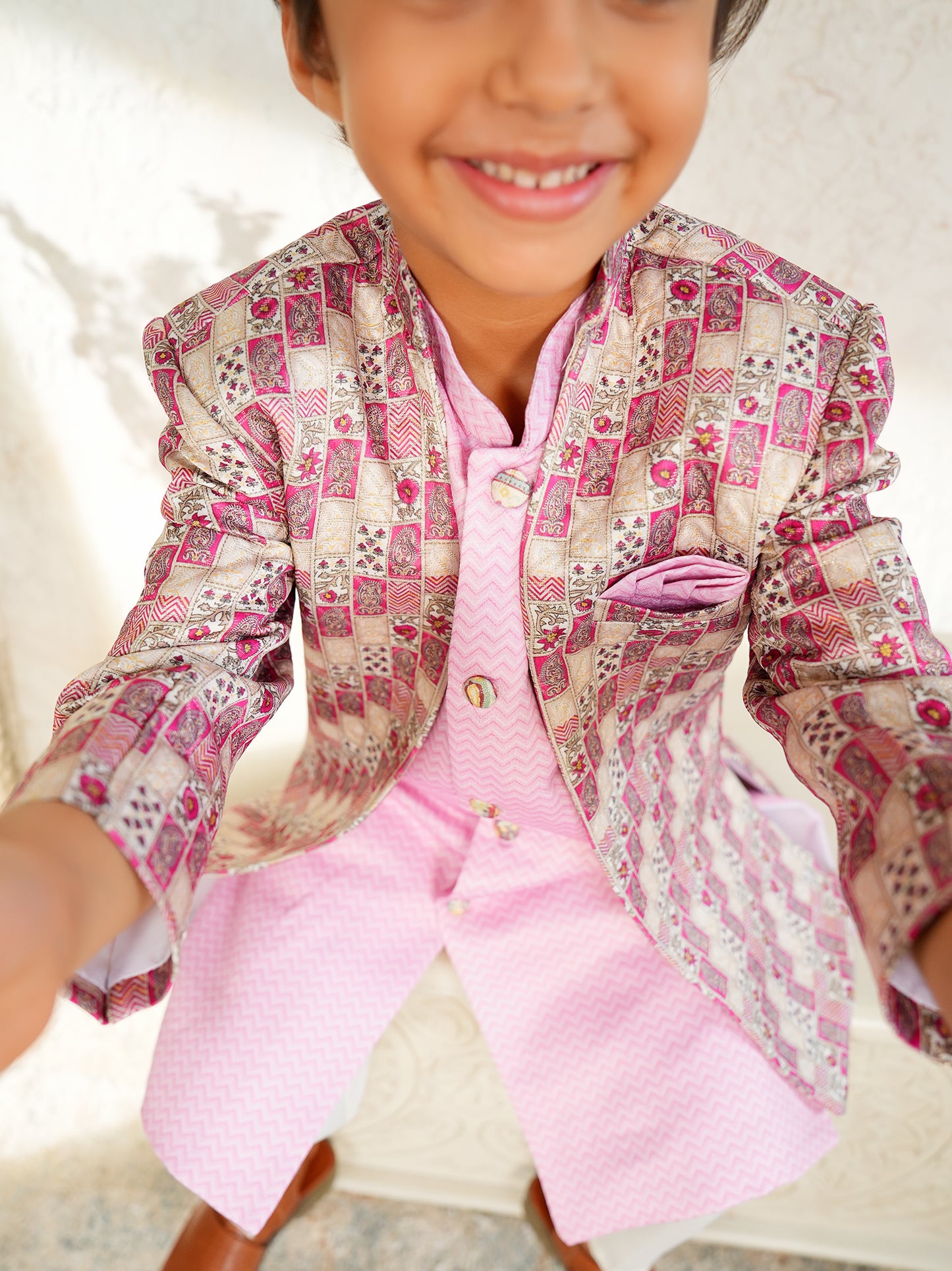 AJ Dezines Pink Jacquard Full Sleeves Rich Floral Embroidery Sherwani