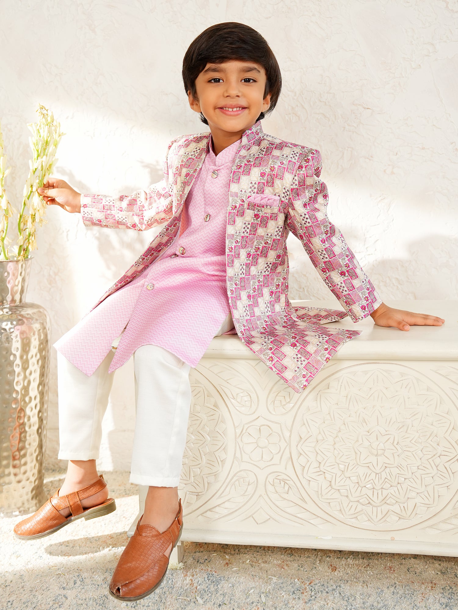 Pink Jacquard Full Sleeves Rich Floral Embroidery Sherwani