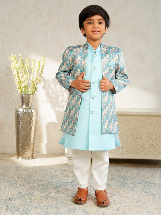 AJ Dezines Sky Blue Jacquard Full Sleeves Rich Floral Embroidery Sherwani