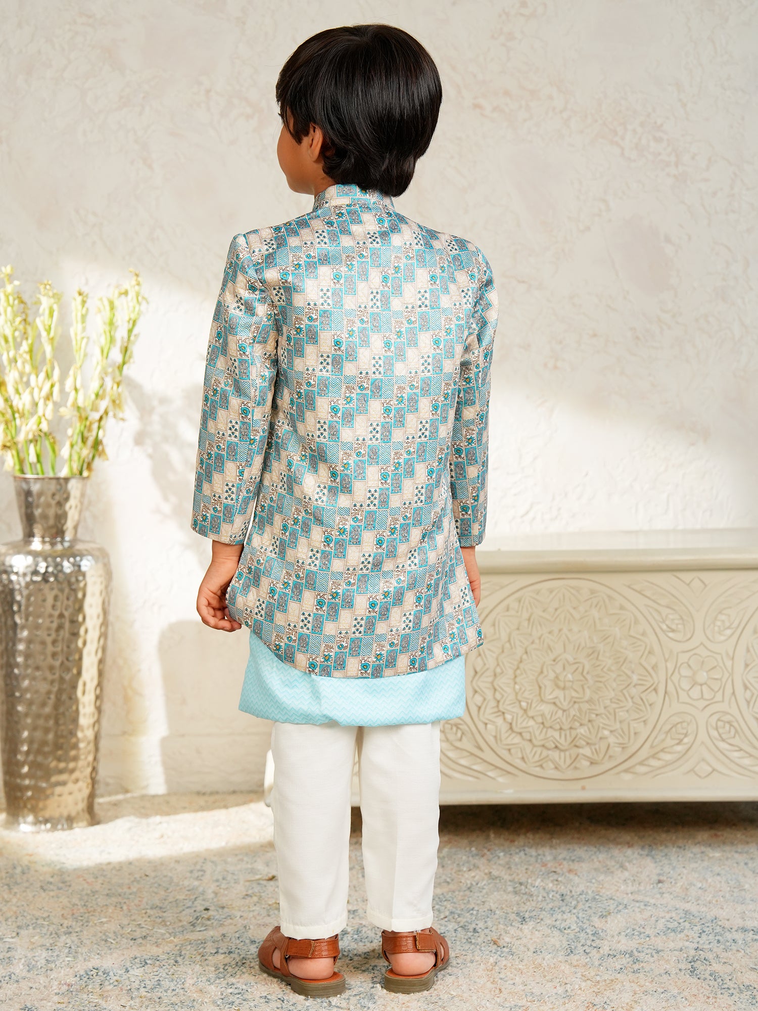 Sky Blue Jacquard Full Sleeves Rich Floral Embroidery Sherwani