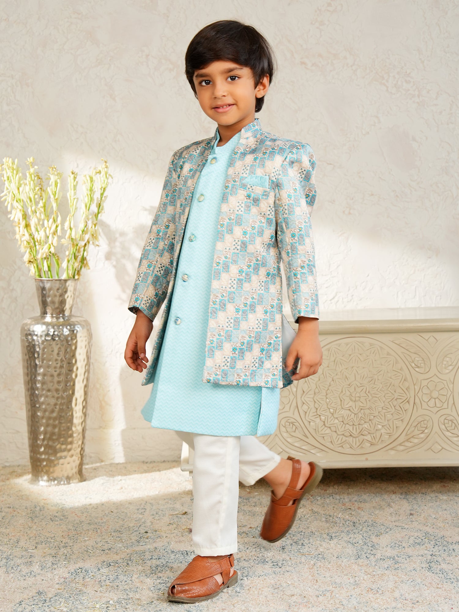 Sky Blue Jacquard Full Sleeves Rich Floral Embroidery Sherwani