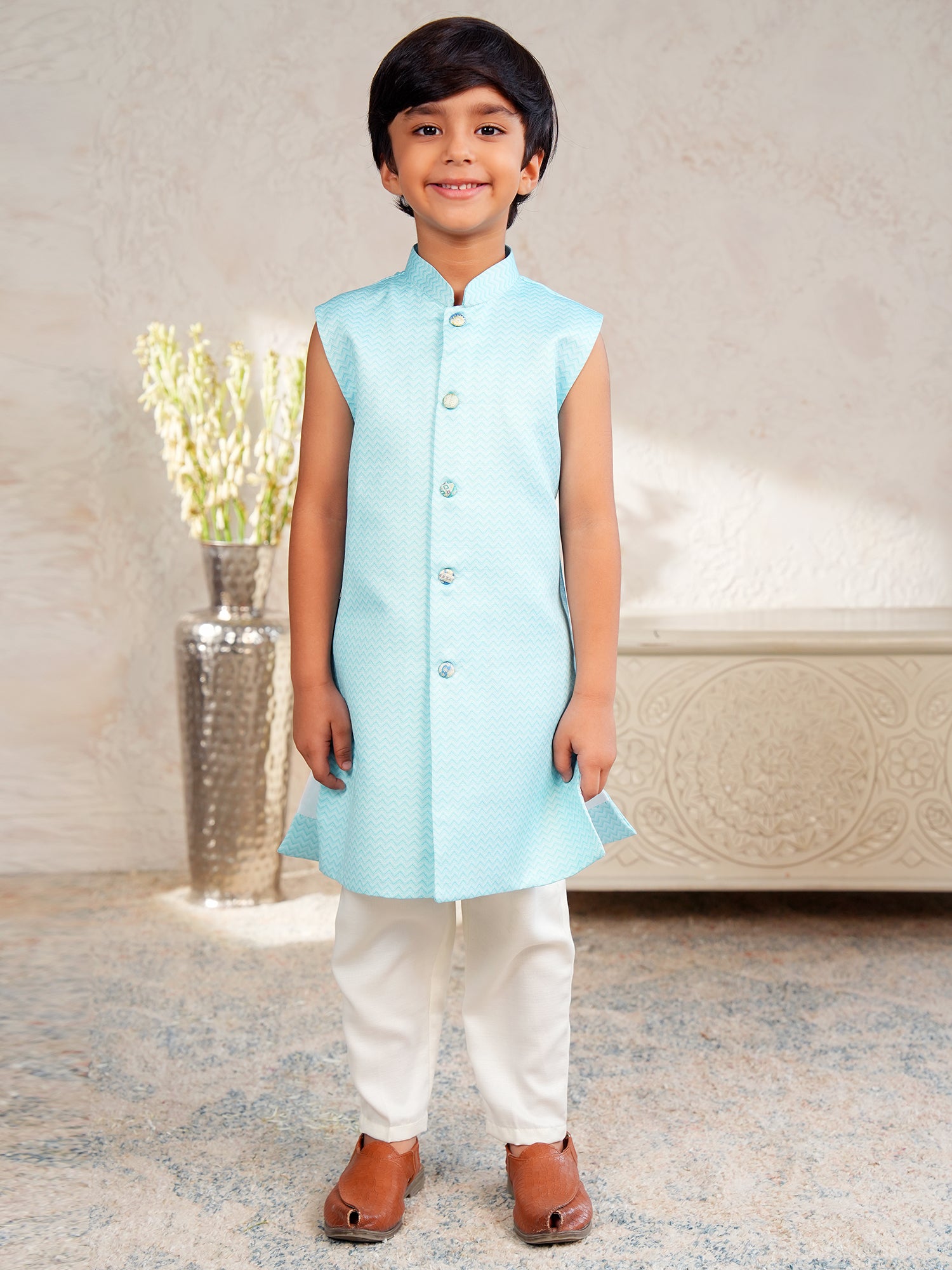Sky Blue Jacquard Full Sleeves Rich Floral Embroidery Sherwani
