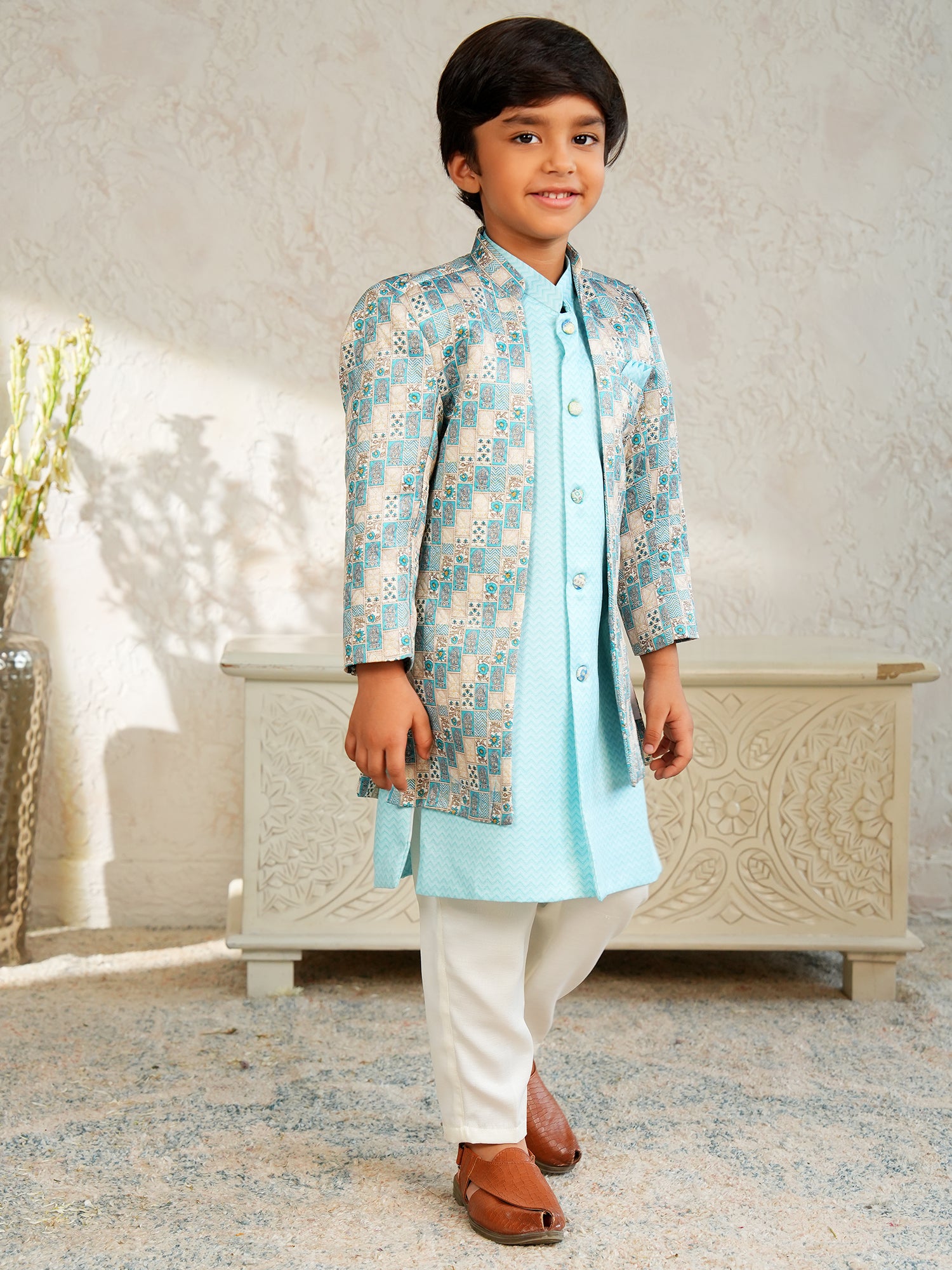 Sky Blue Jacquard Full Sleeves Rich Floral Embroidery Sherwani