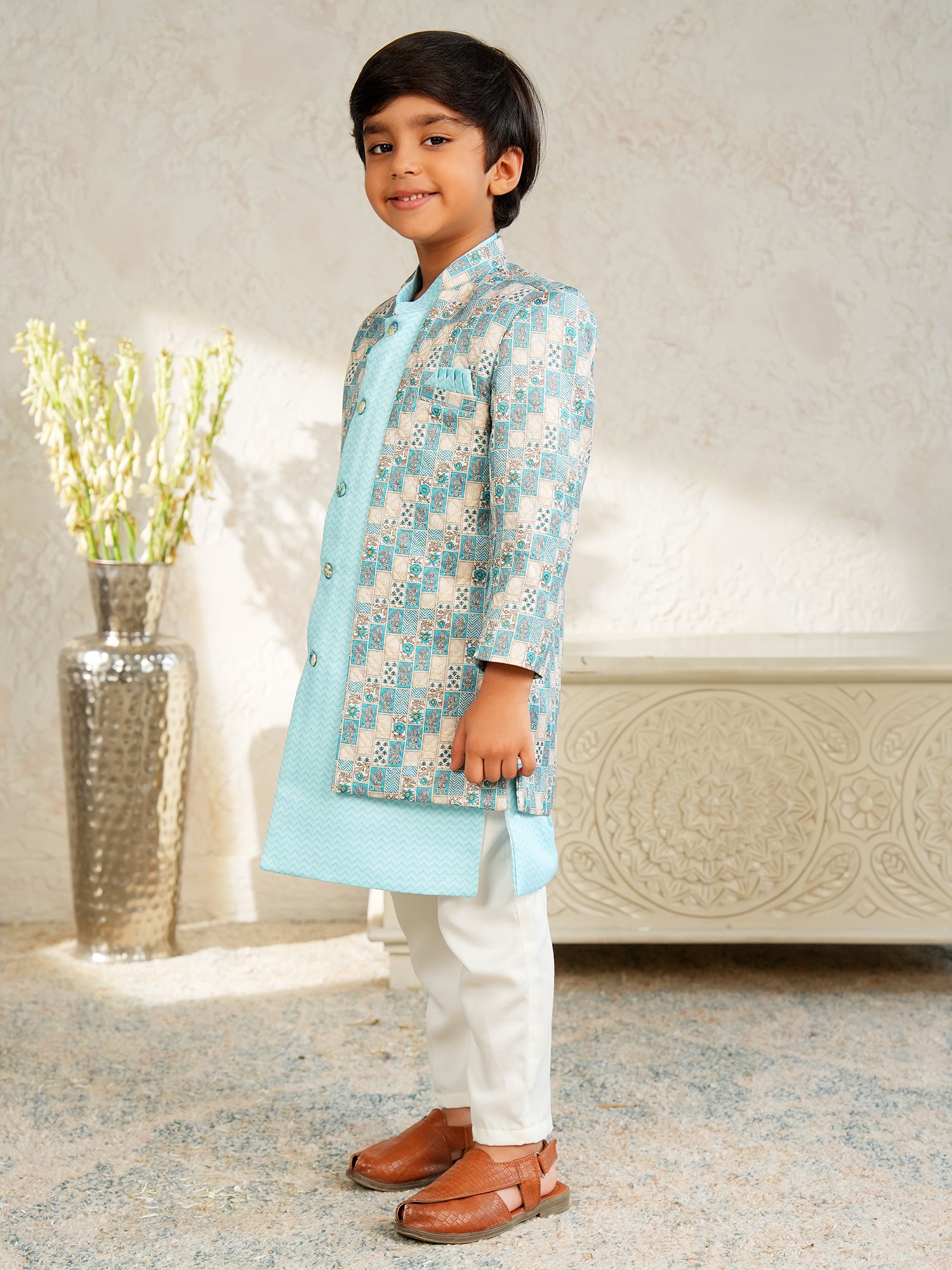 Sky Blue Jacquard Full Sleeves Rich Floral Embroidery Sherwani
