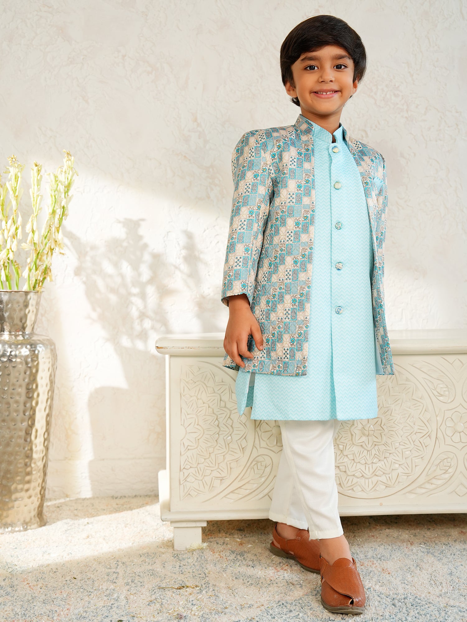 Sky Blue Jacquard Full Sleeves Rich Floral Embroidery Sherwani