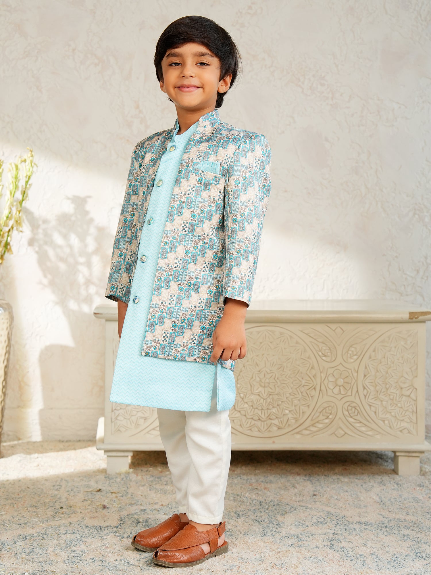 Sky Blue Jacquard Full Sleeves Rich Floral Embroidery Sherwani