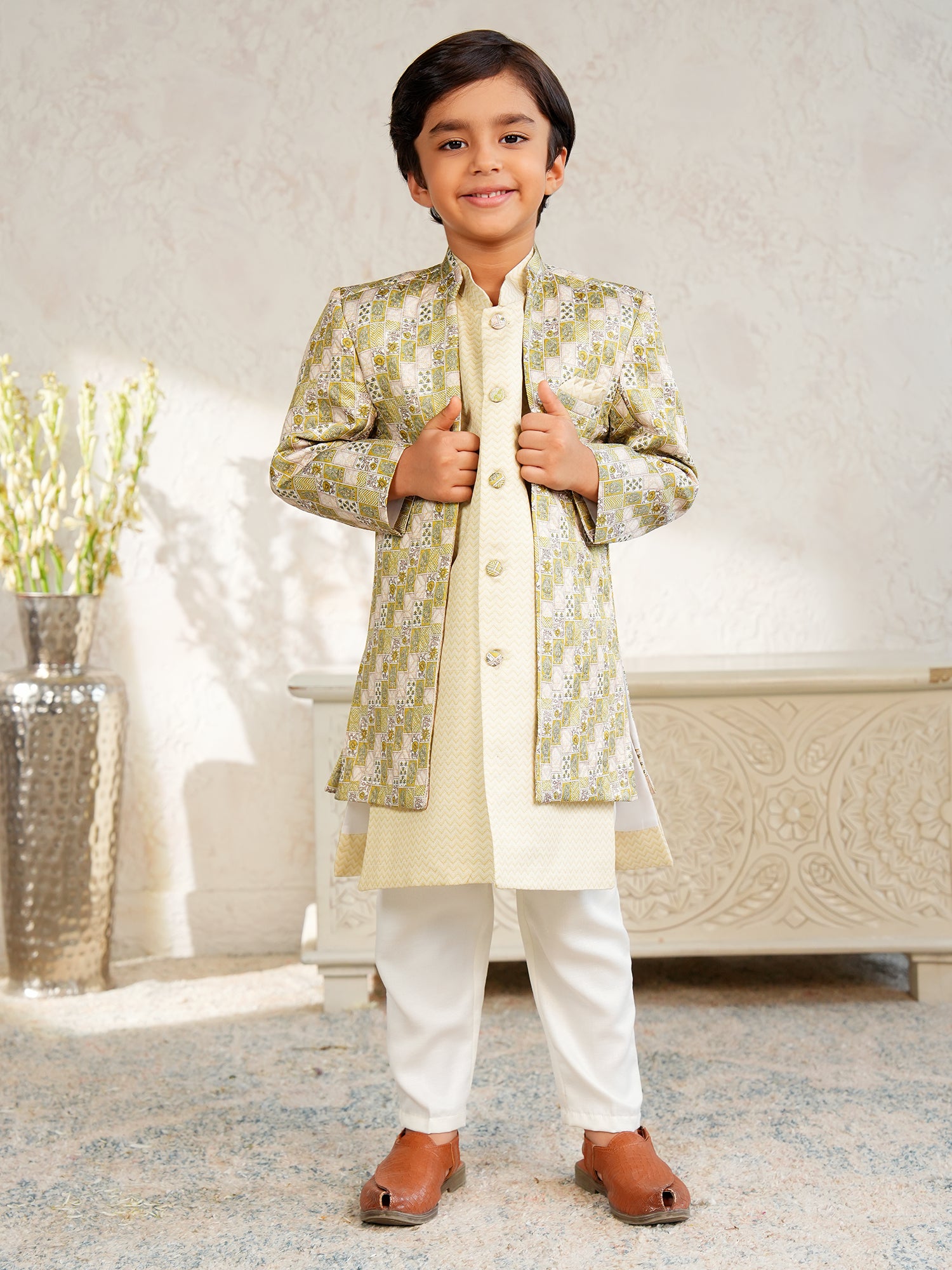 Yellow Jacquard Full Sleeves Rich Floral Embroidery Sherwani