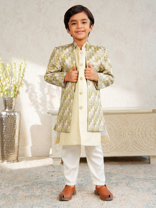 AJ Dezines Yellow Jacquard Full Sleeves Rich Floral Embroidery Sherwani