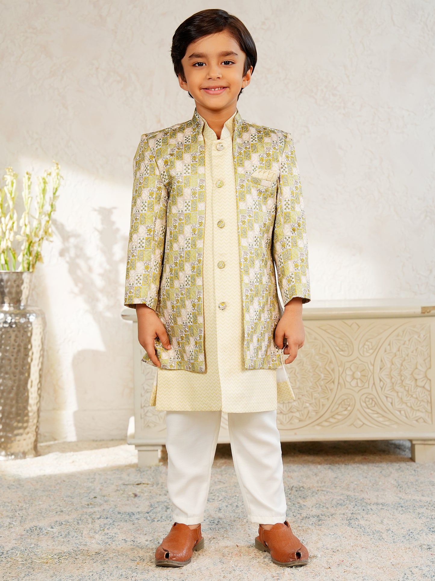 AJ Dezines Yellow Jacquard Full Sleeves Rich Floral Embroidery Sherwani