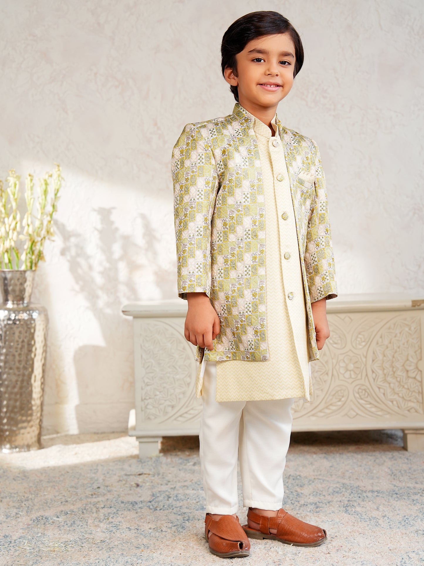 AJ Dezines Yellow Jacquard Full Sleeves Rich Floral Embroidery Sherwani