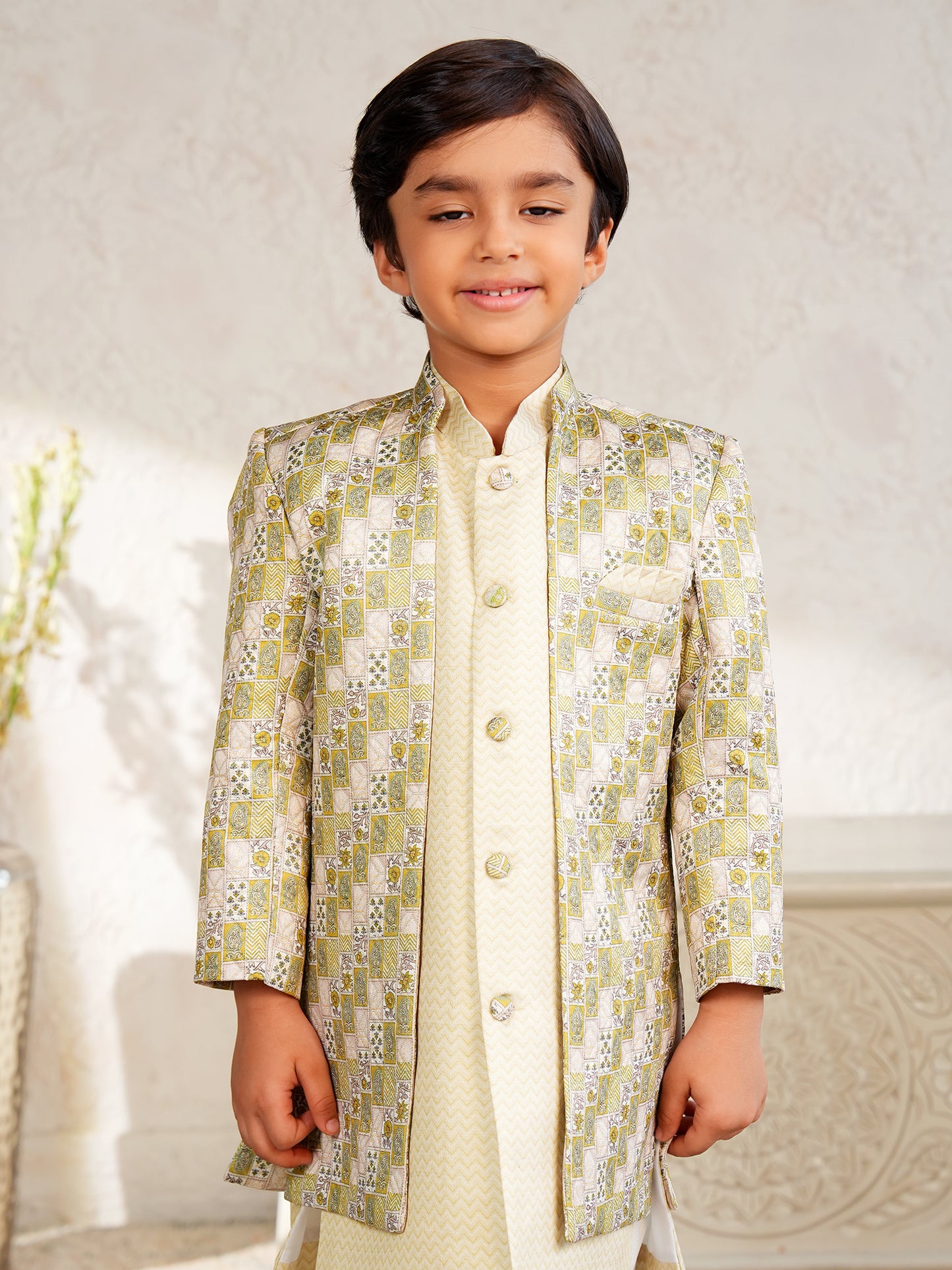AJ Dezines Yellow Jacquard Full Sleeves Rich Floral Embroidery Sherwani