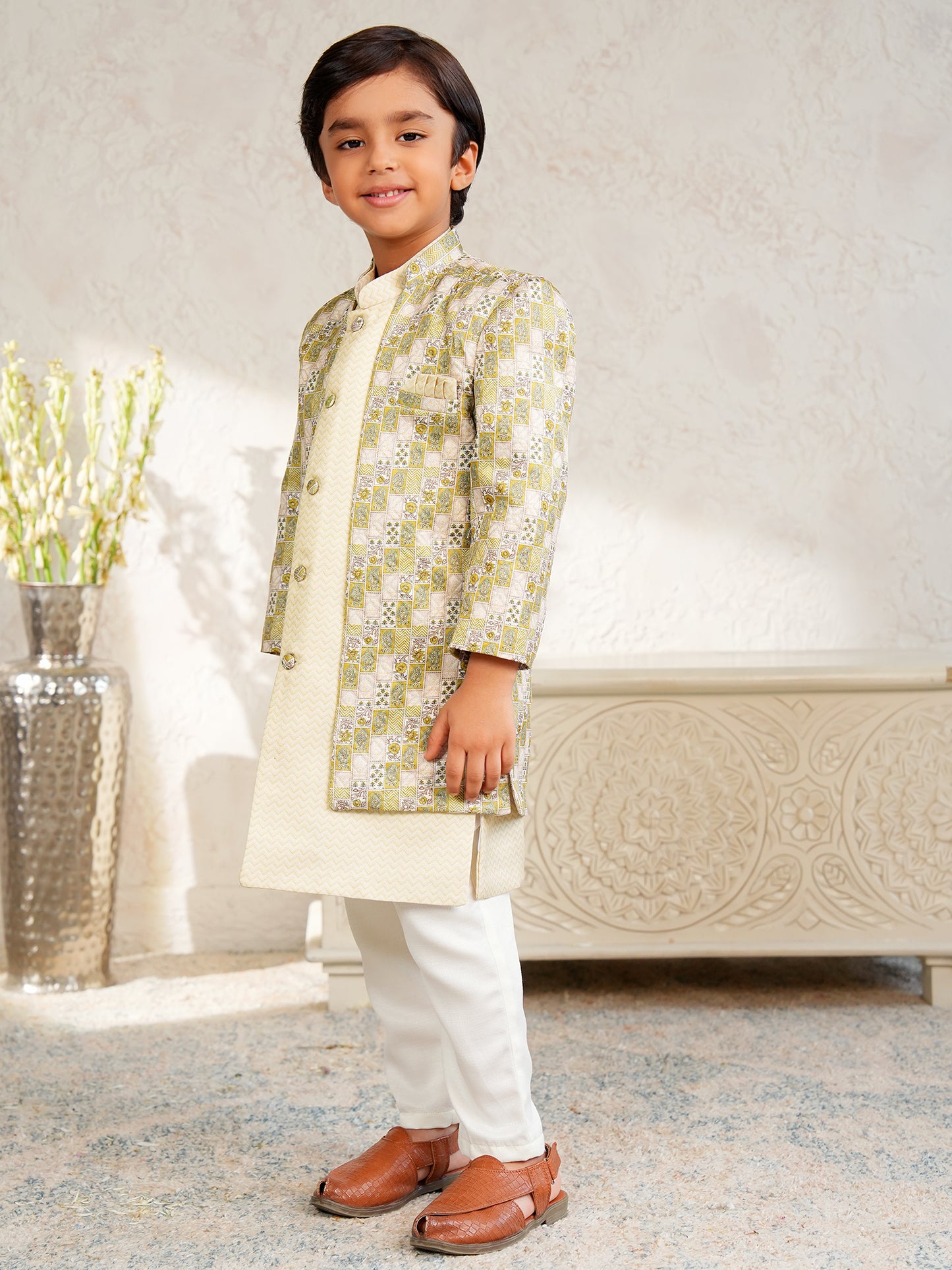 AJ Dezines Yellow Jacquard Full Sleeves Rich Floral Embroidery Sherwani