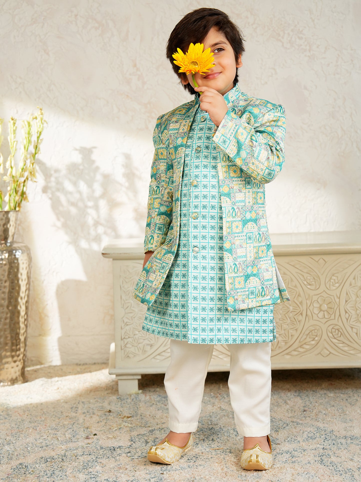 AJ Dezines Blue Jacquard Full Sleeves Rich Floral Embroidery Sherwani