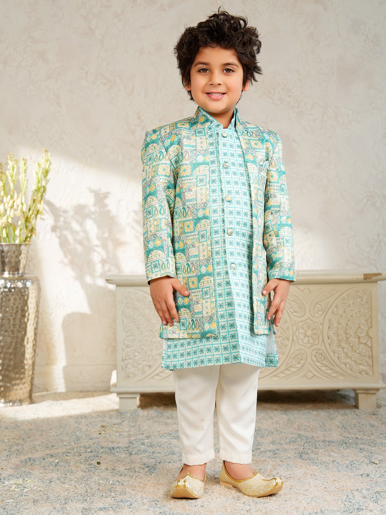 Blue Jacquard Full Sleeves Rich Floral Embroidery Sherwani