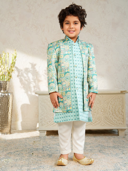 AJ Dezines Blue Jacquard Full Sleeves Rich Floral Embroidery Sherwani