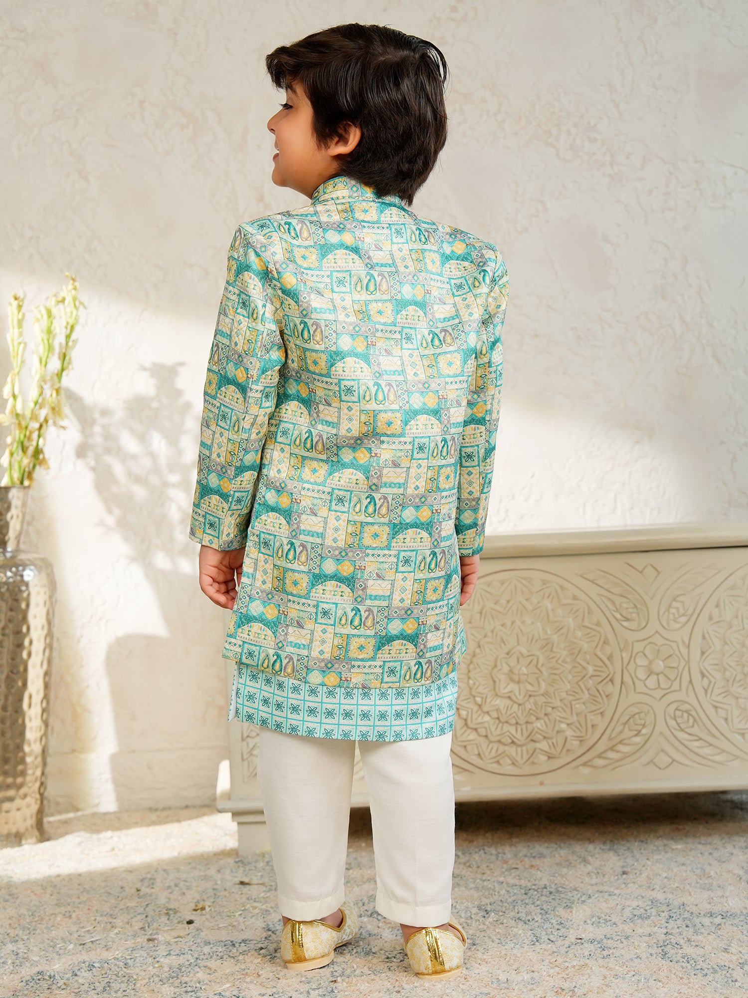 Blue Jacquard Full Sleeves Rich Floral Embroidery Sherwani