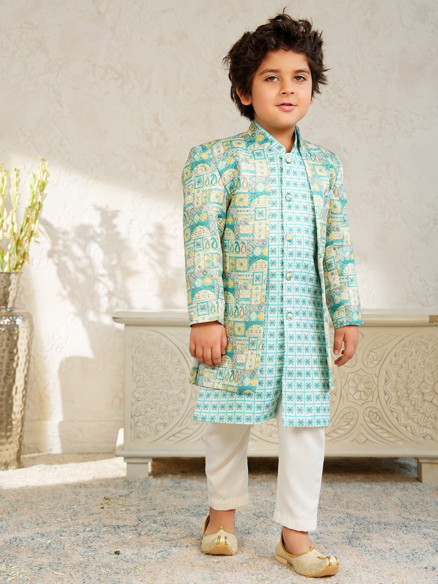 Blue Jacquard Full Sleeves Rich Floral Embroidery Sherwani