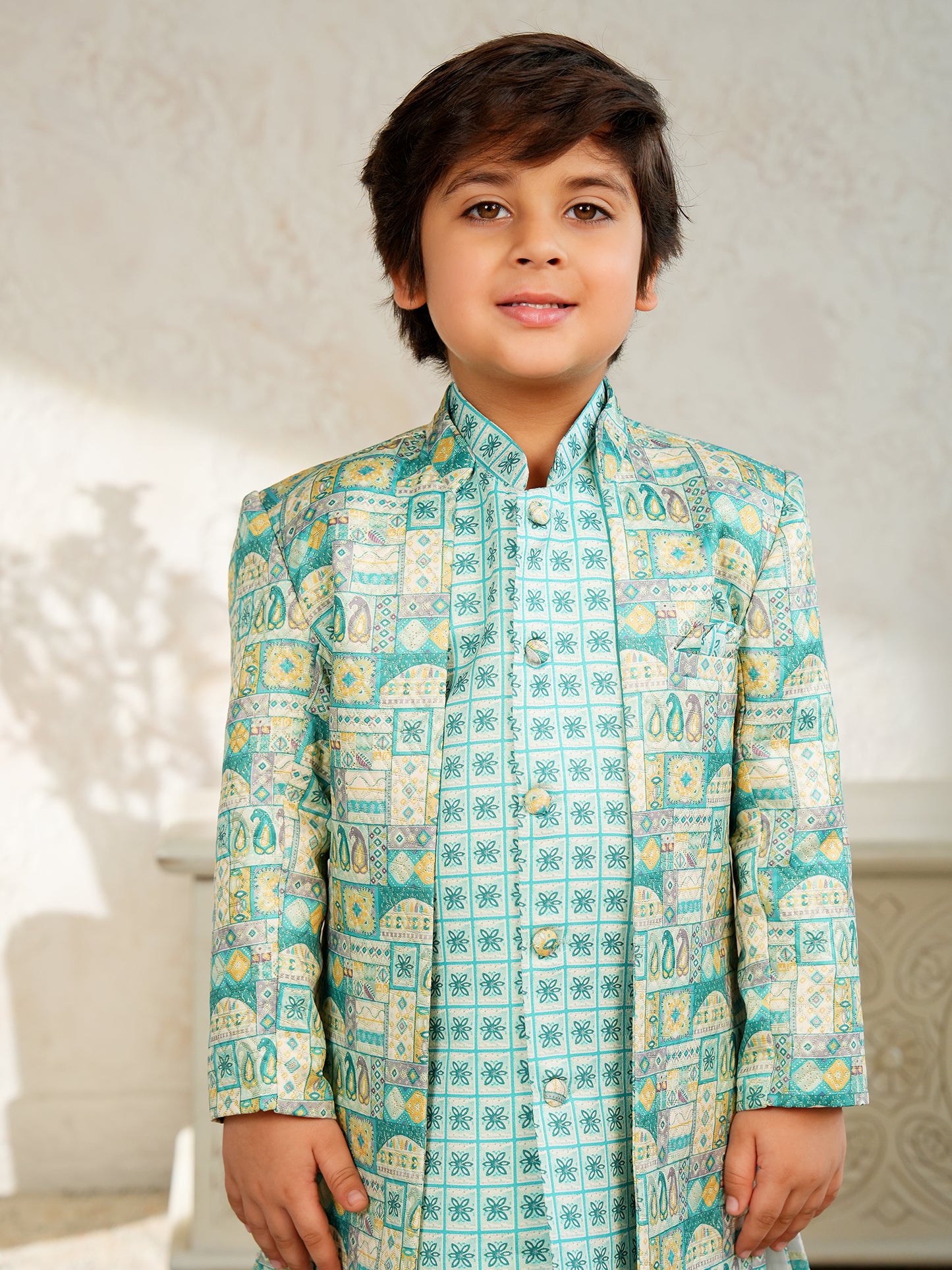 AJ Dezines Blue Jacquard Full Sleeves Rich Floral Embroidery Sherwani