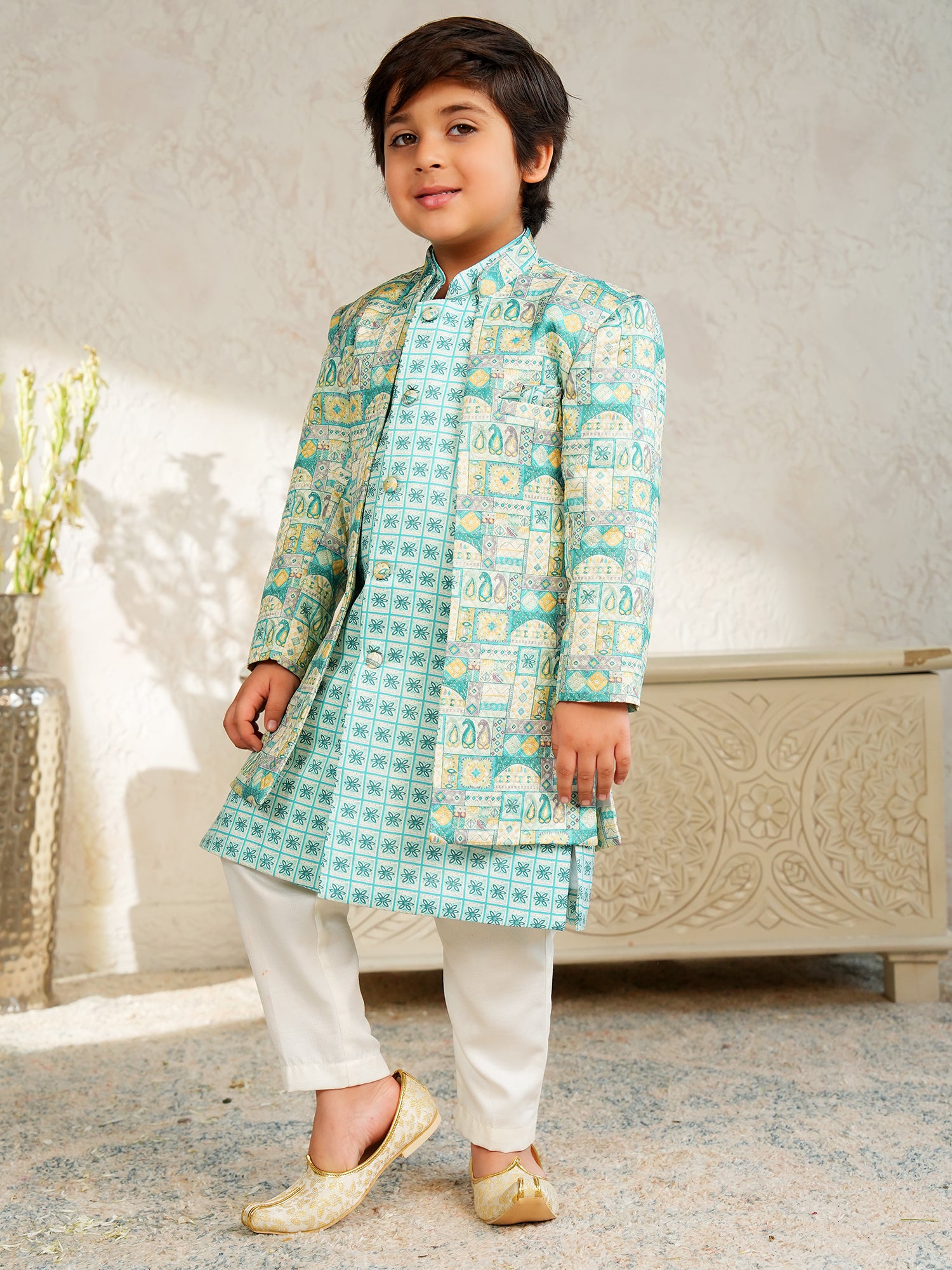 Blue Jacquard Full Sleeves Rich Floral Embroidery Sherwani