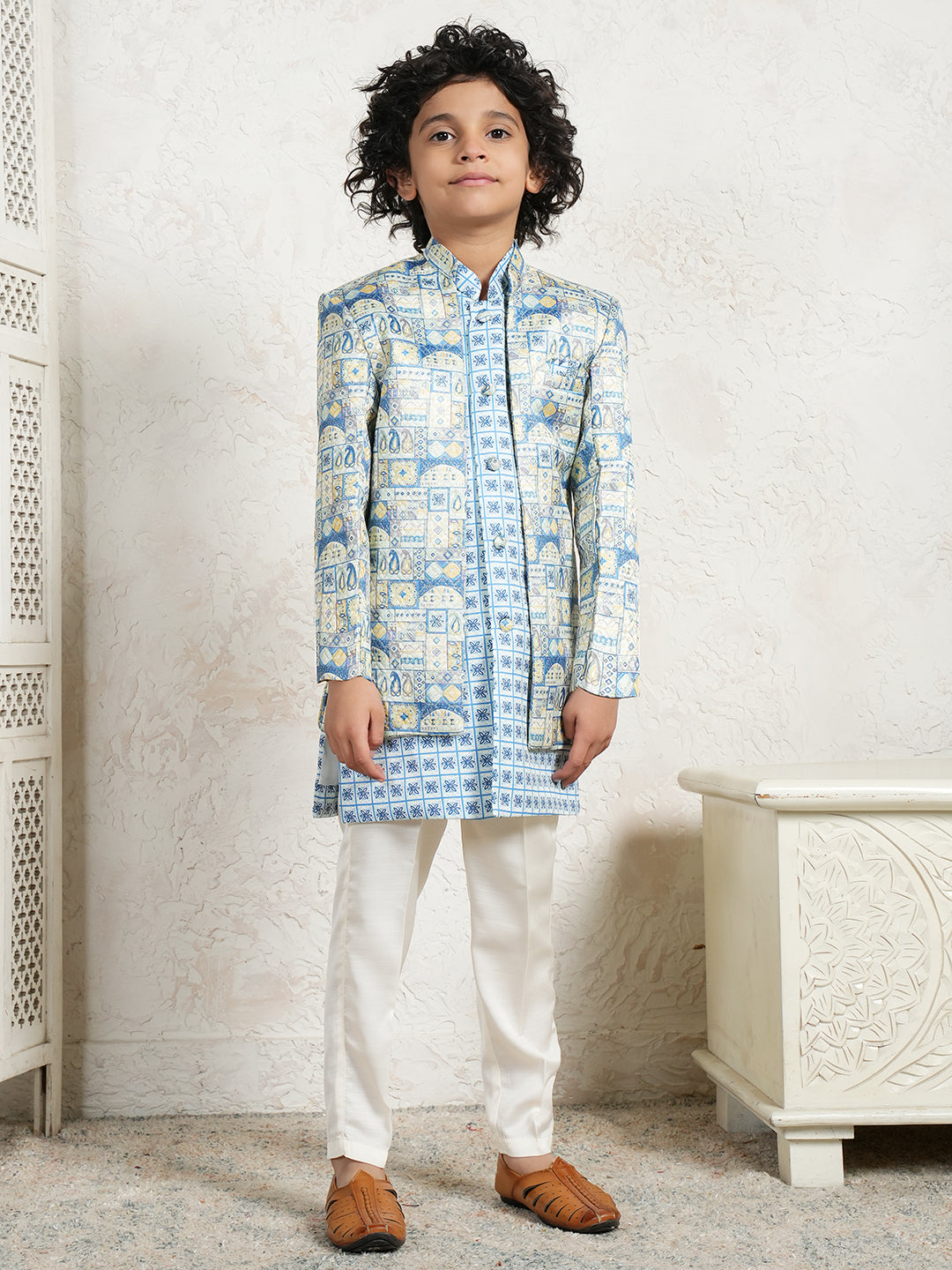 AJ Dezibnes Dark Blue Jacquard Full Sleeves Rich Floral Embroidery Sherwani
