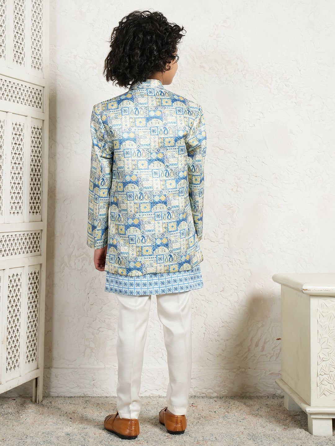 AJ Dezibnes Dark Blue Jacquard Full Sleeves Rich Floral Embroidery Sherwani